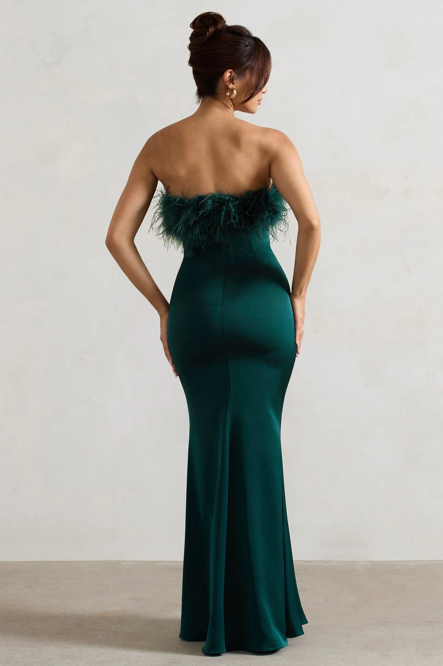 Dress For It | Bottle Green Satin Feather Trim Bandeau Maxi Dress