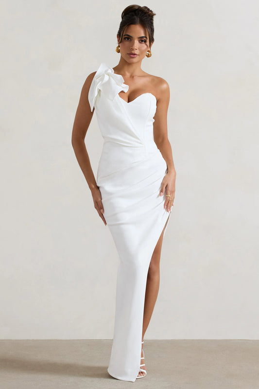 Esther | White Wrap Maxi Dress With Corsage