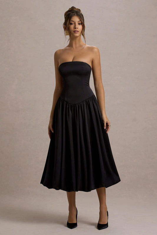 Keyton | Black Satin Bandeau Midi Dress