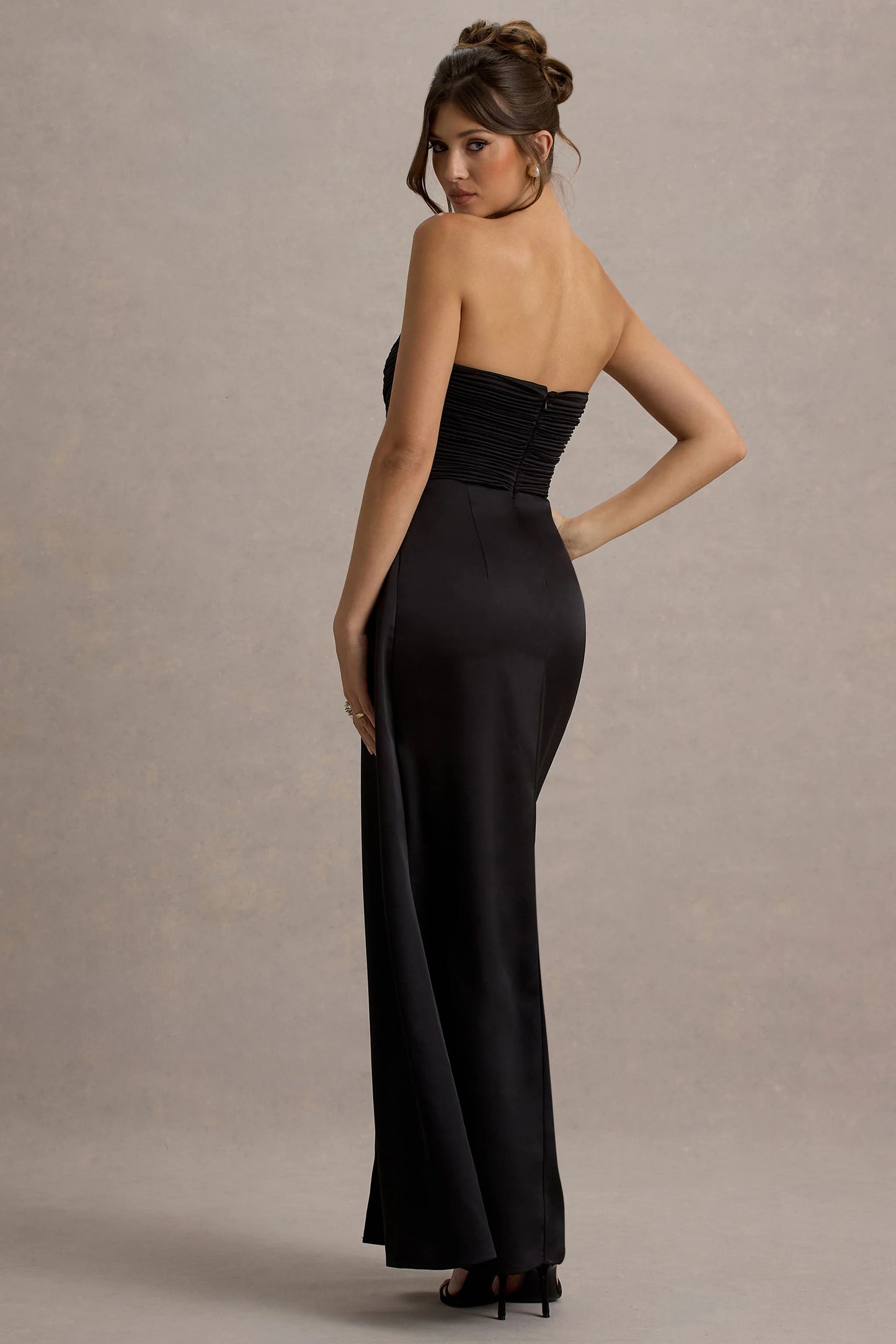 Edel | Black Satin Strapless Maxi Dress With Drape