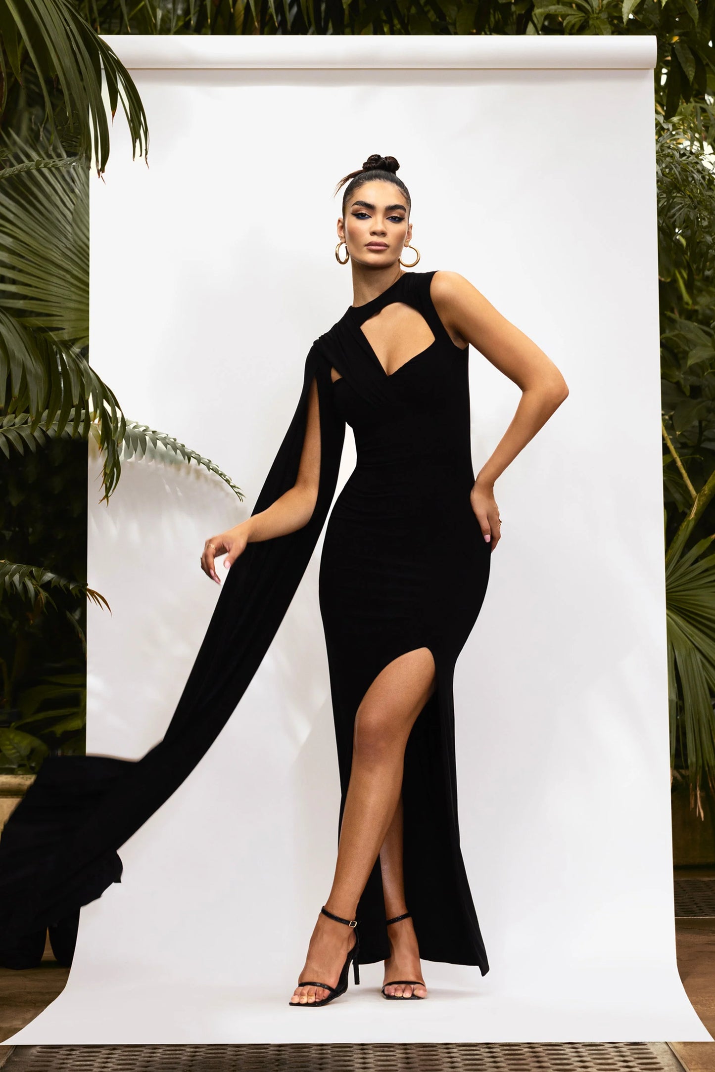 Emmey | Black Asymmetric Cut Out Maxi Dress With Statement Cape