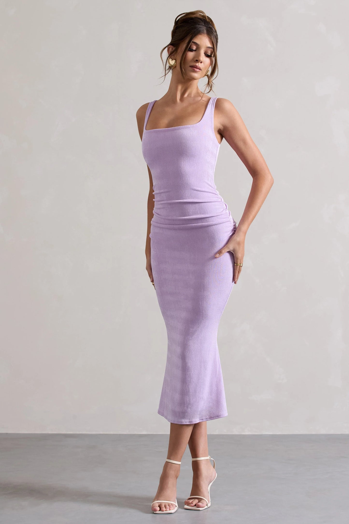 Evora | Lilac Ruched Square-Neck  Midi Dress