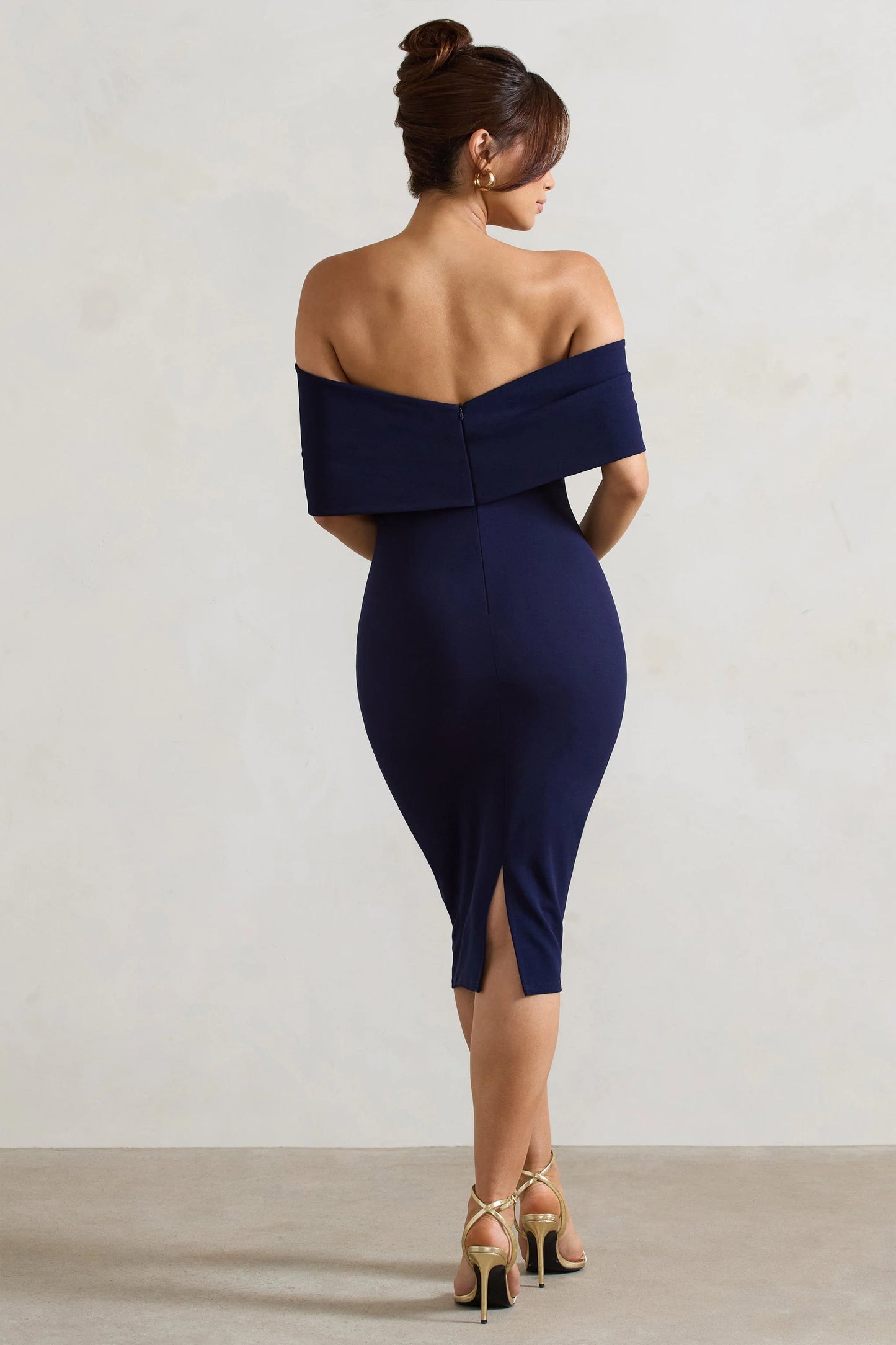 Alyssa | Navy Bardot Bow Detail Midi Dress