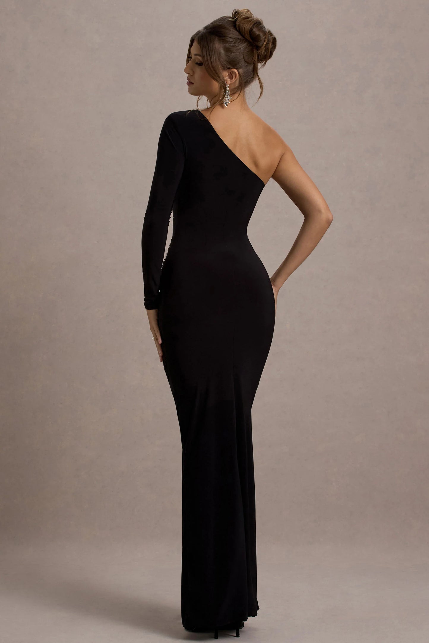 Doll | Black Asymmetric One Sleeve Ruched Maxi Dress