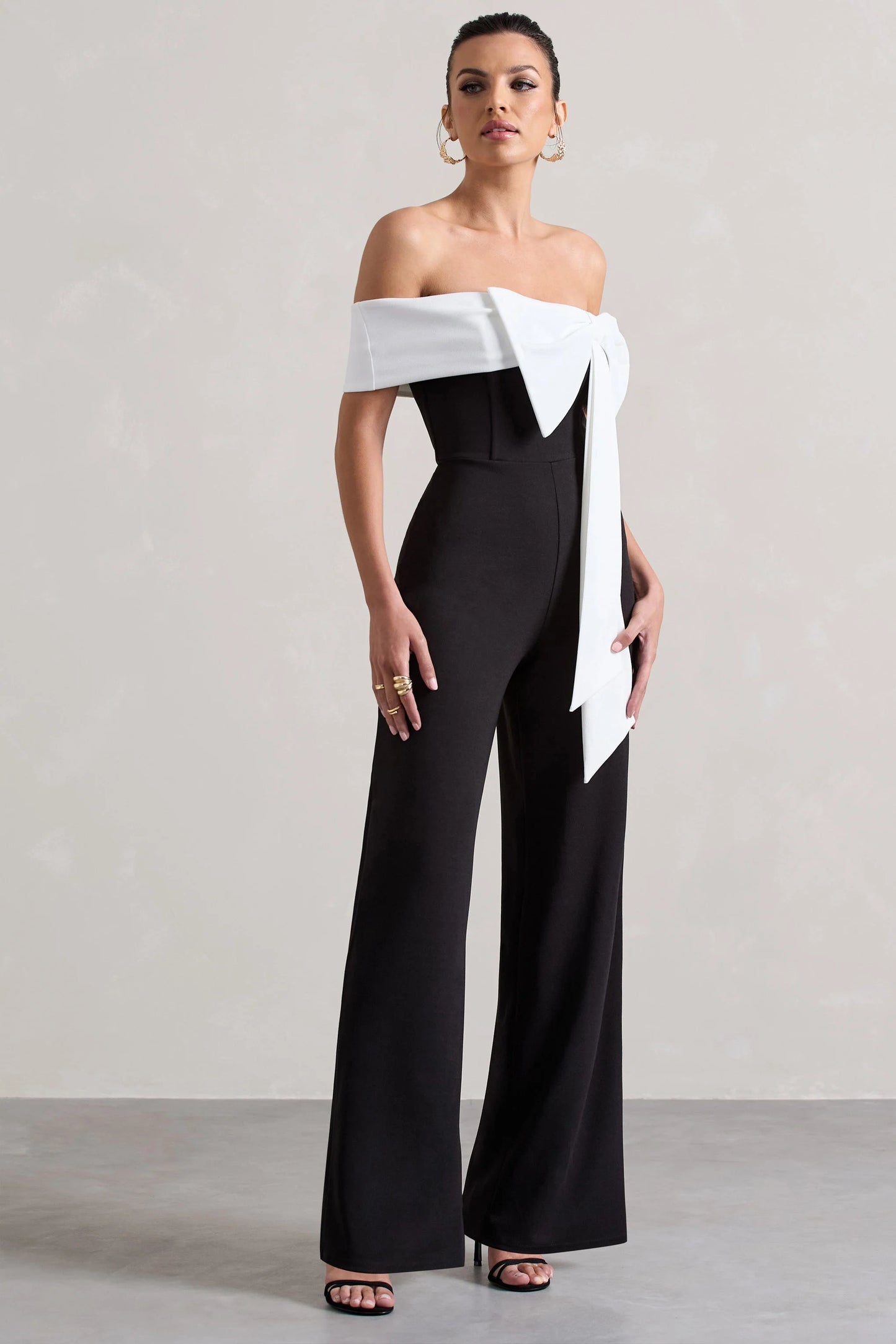 Bower | Black Bardot Straight-Leg Jumpsuit With Bow