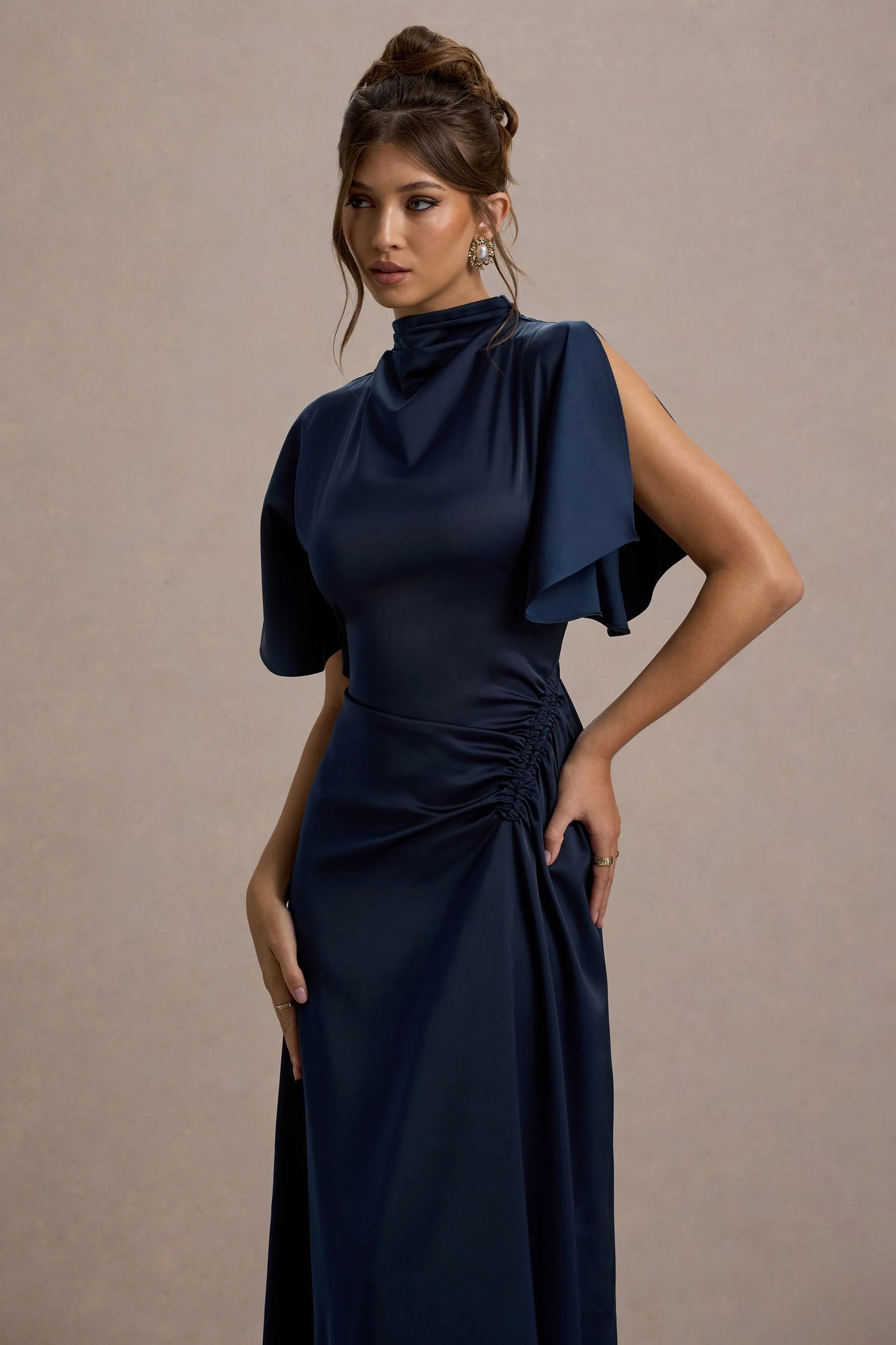 Audley | Navy Satin High-Neck Flutter-Sleeve Maxi Dress