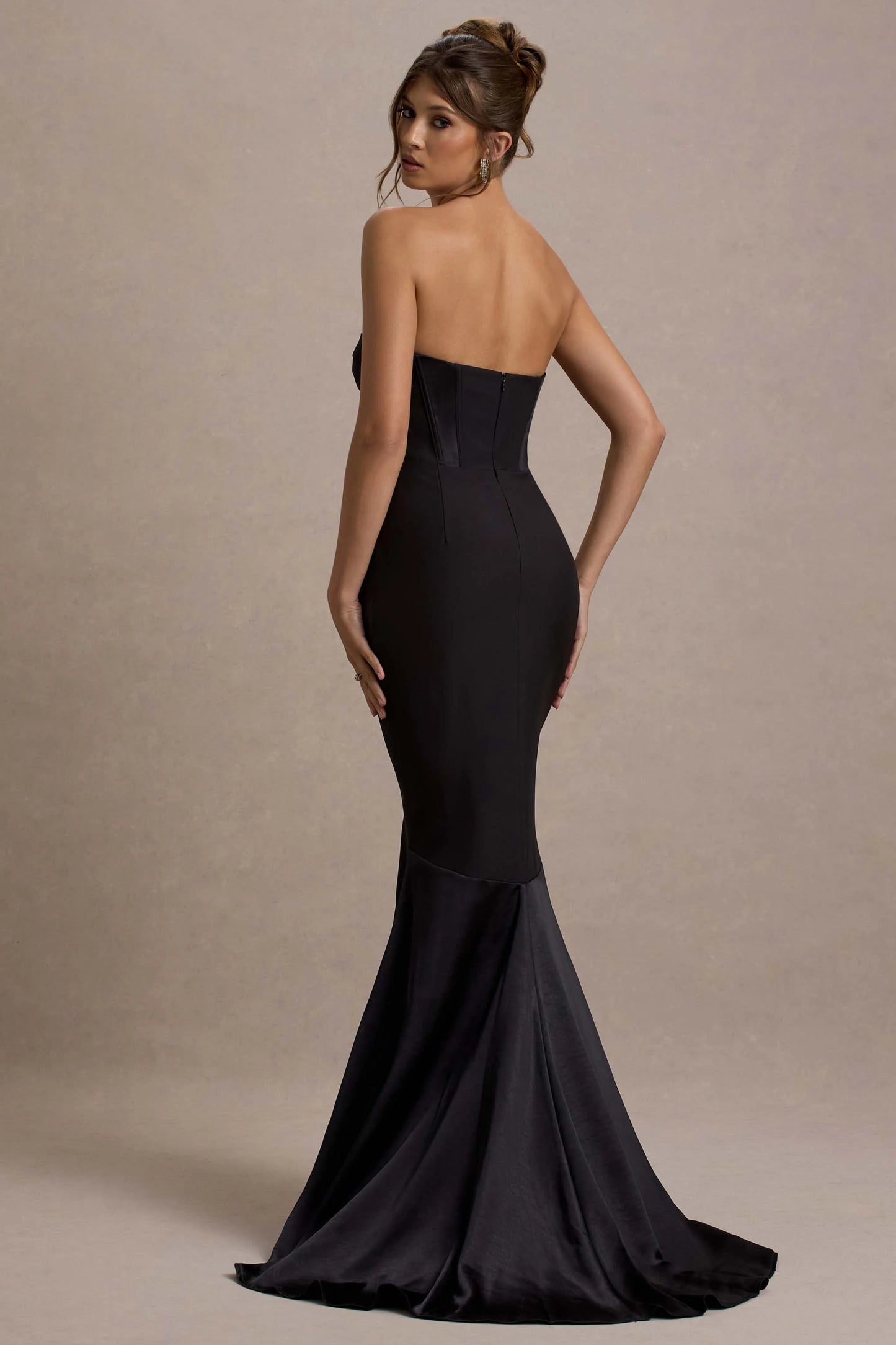 Custom | Black Satin Sweetheart Corset Fishtail Maxi Dress