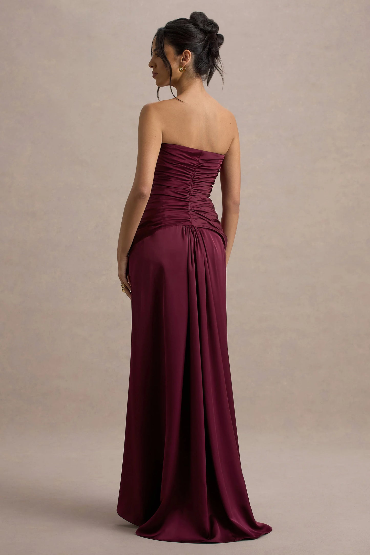 Desirie | Plum Satin Sweetheart Gathered Maxi Dress