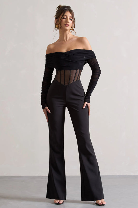 Into The Night | Black Sheer Bardot Long-Sleeved Corset Jumpsuit