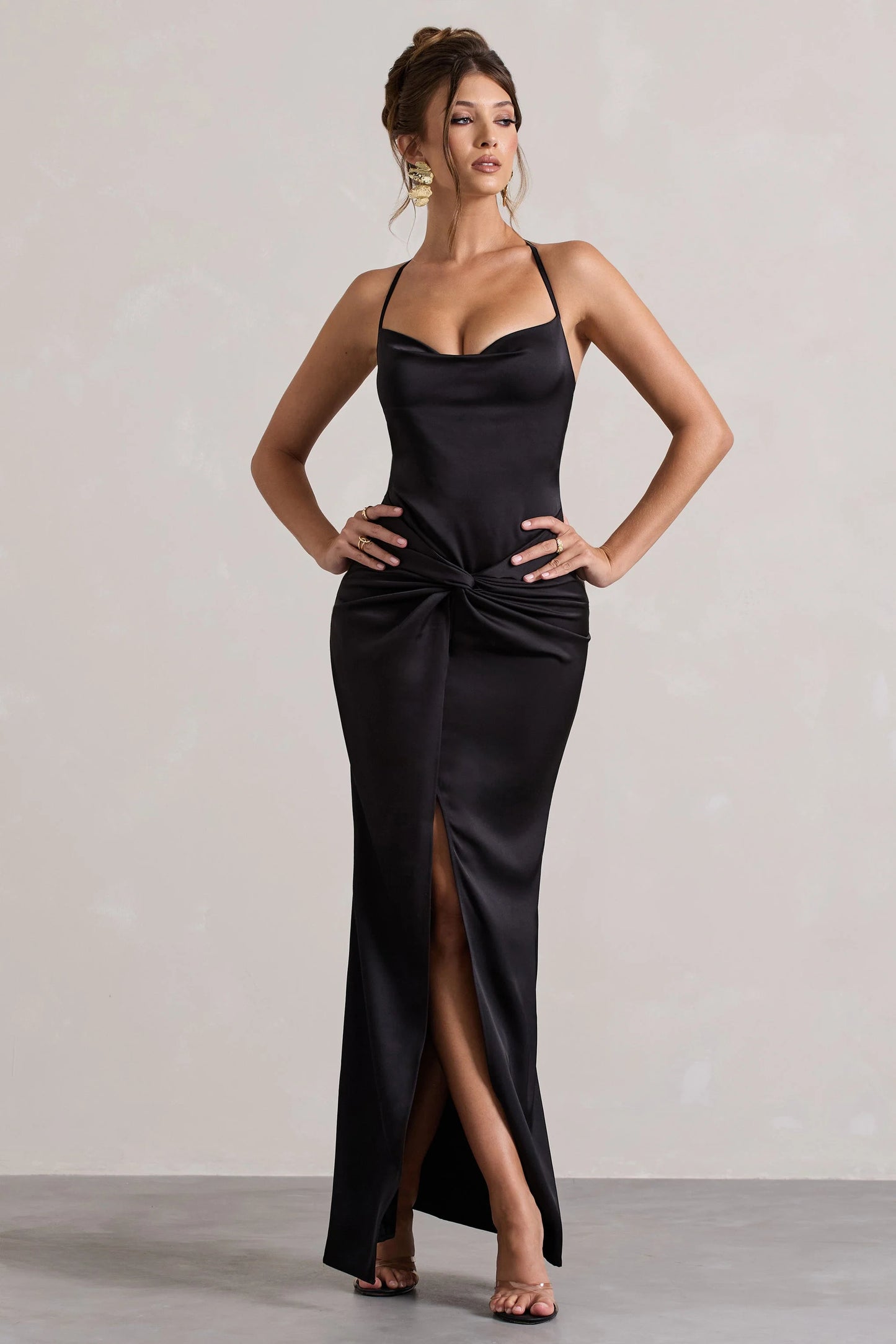 Hermosa | Black Satin Cowl-Neck Twisted Split Maxi Dress