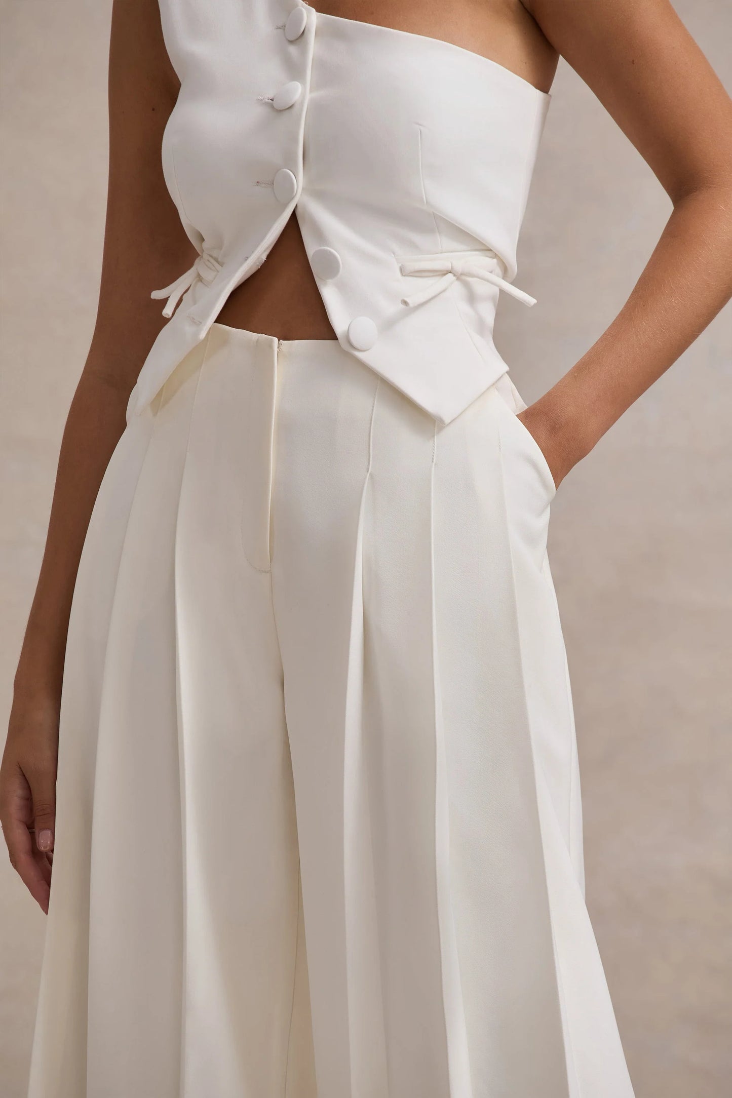 Galilea | Cream Pleated Wide-Leg Trousers