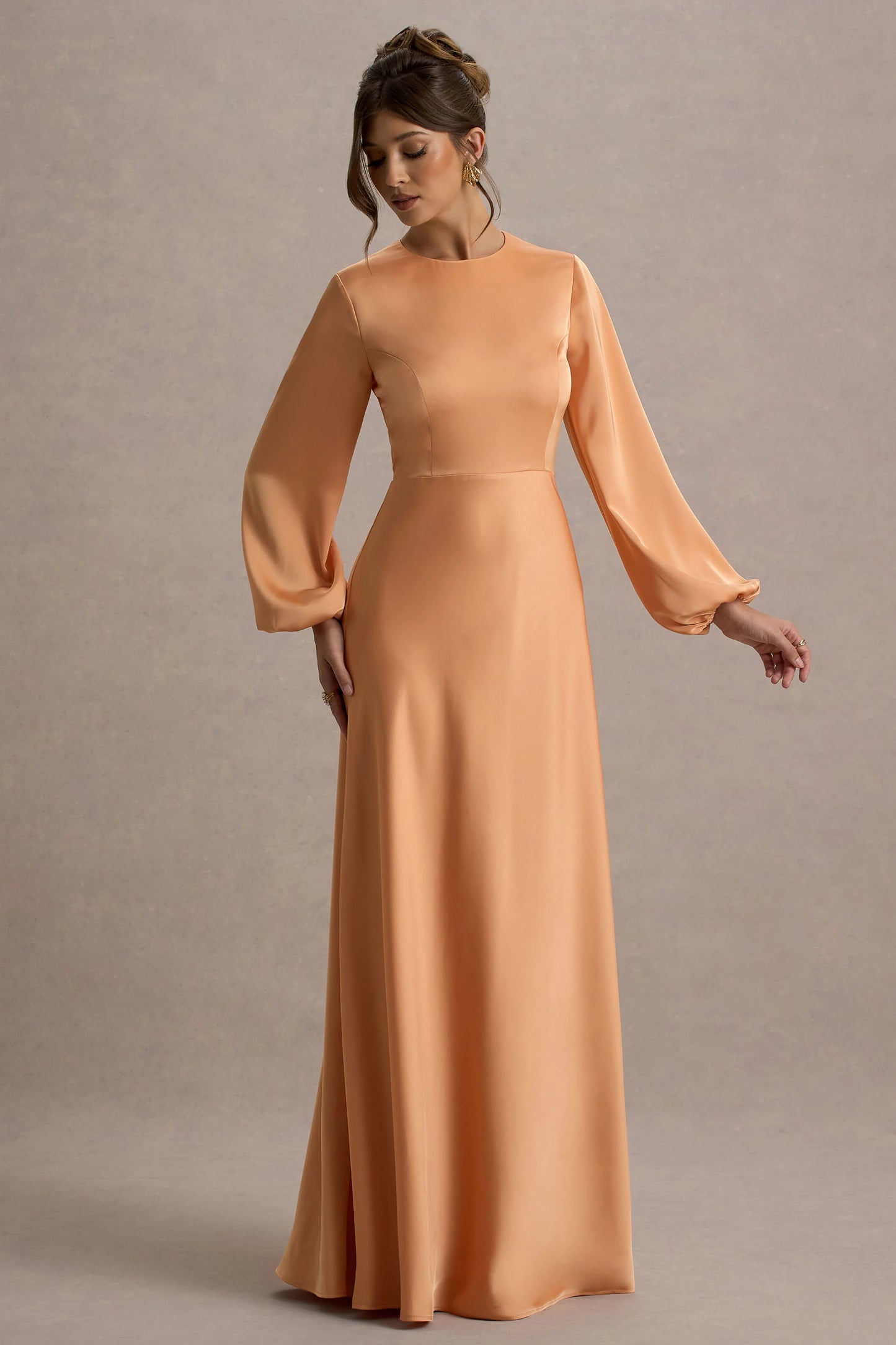 Crawley | Peach Satin Puff-Sleeve Maxi Dress