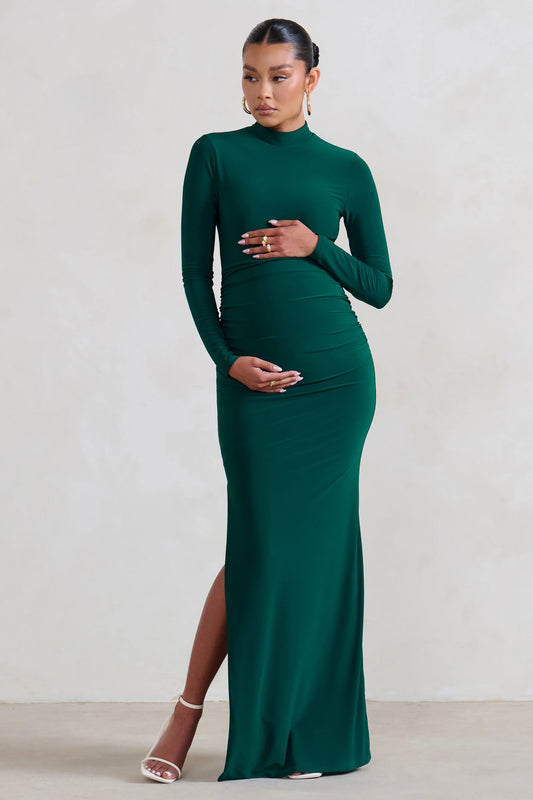 Alejandra | Green Maternity Long Sleeve High Neck Maxi Dress