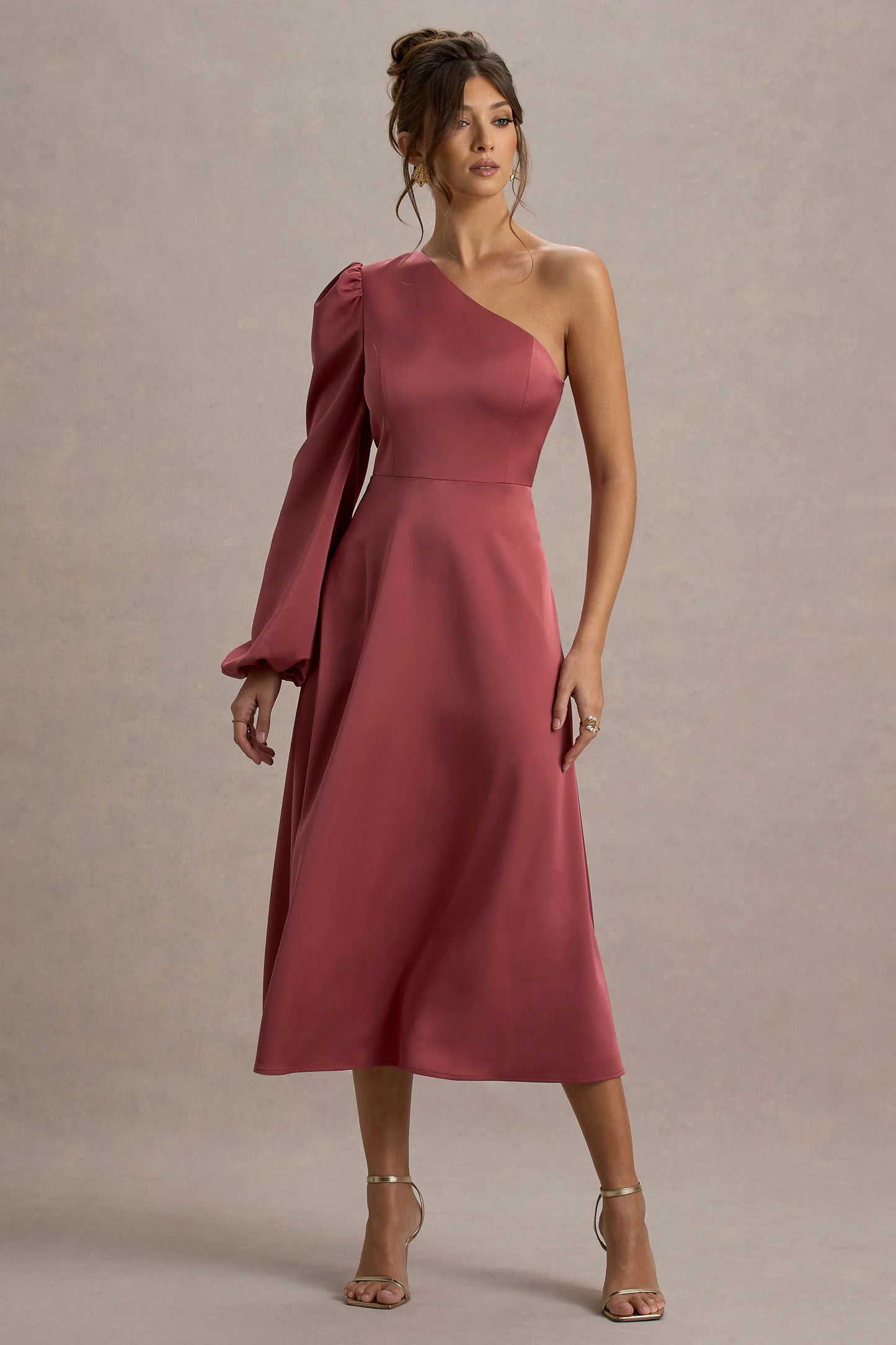 Haila | Rose Pink Satin One-Shoulder Maxi Dress