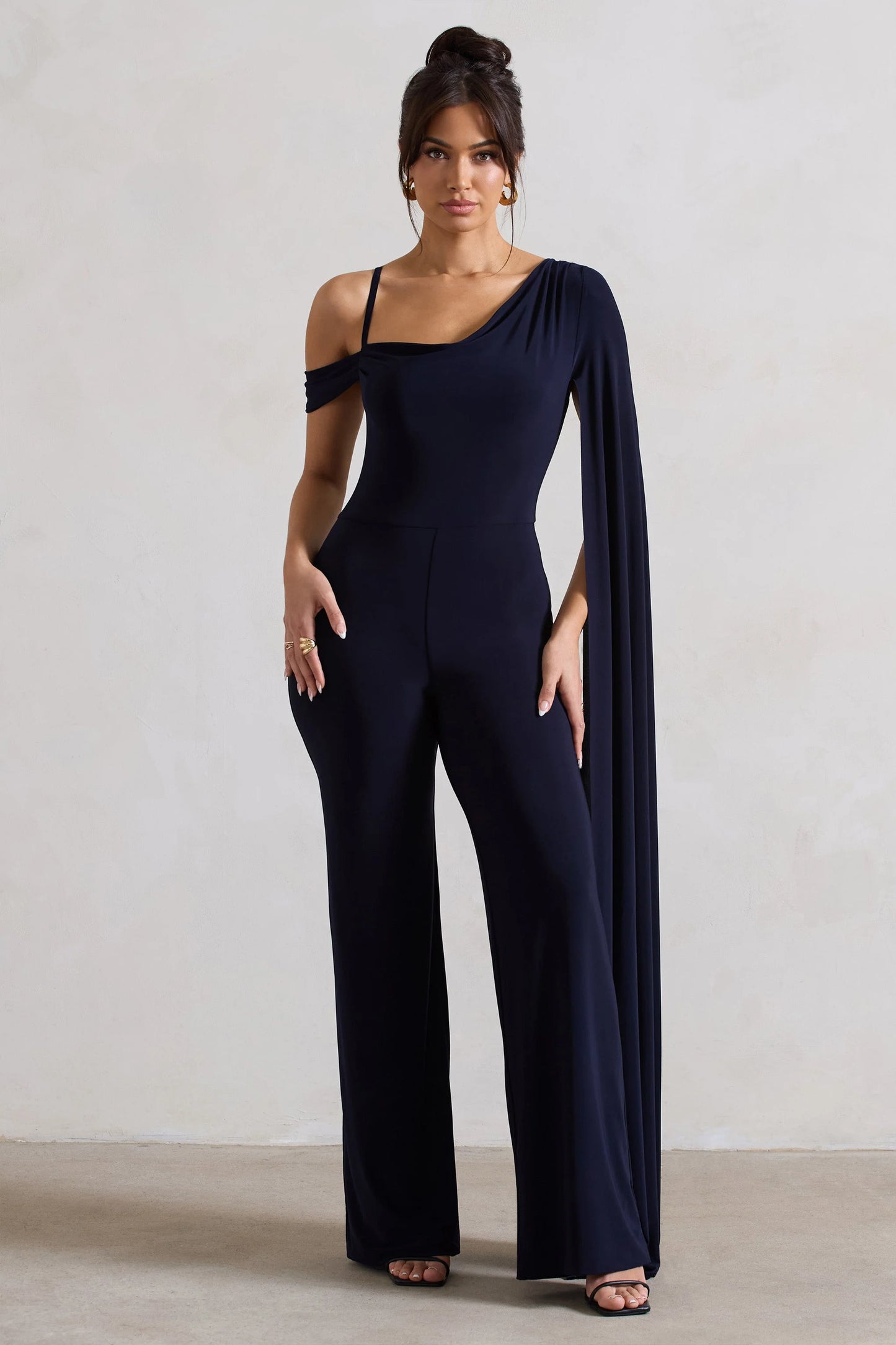 Jelena | Navy Asymmetric Draped Straight-Leg Jumpsuit With Cape Sleeve