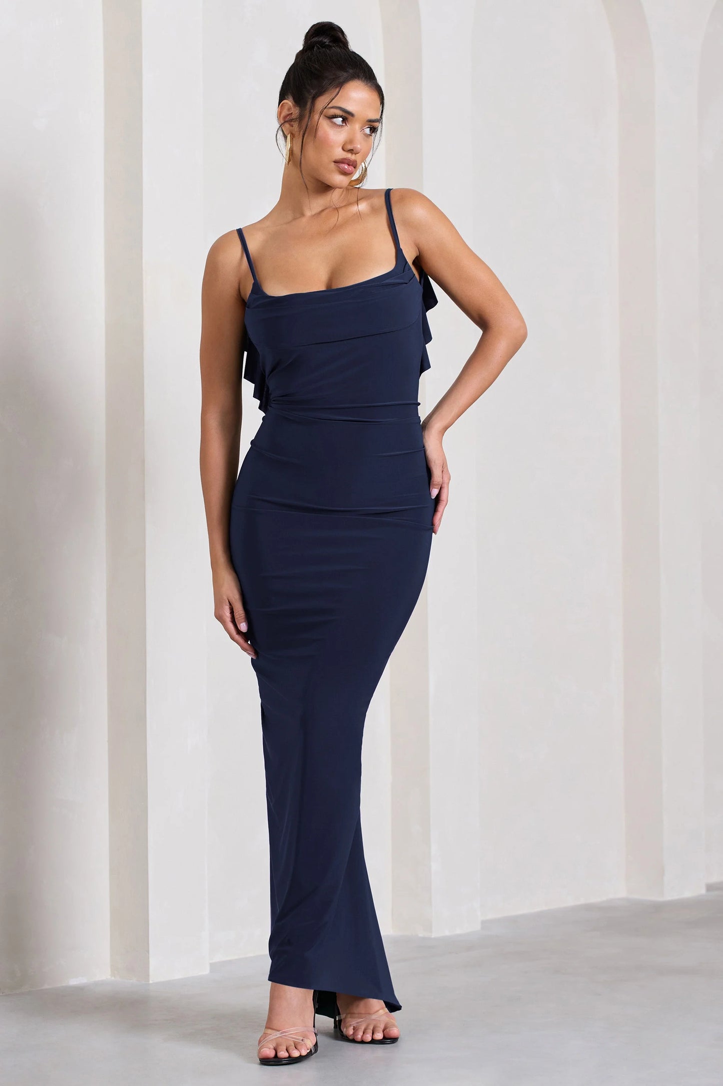 Flute | Navy Bodycon Maxi Dress With Ruched Ruffled Back