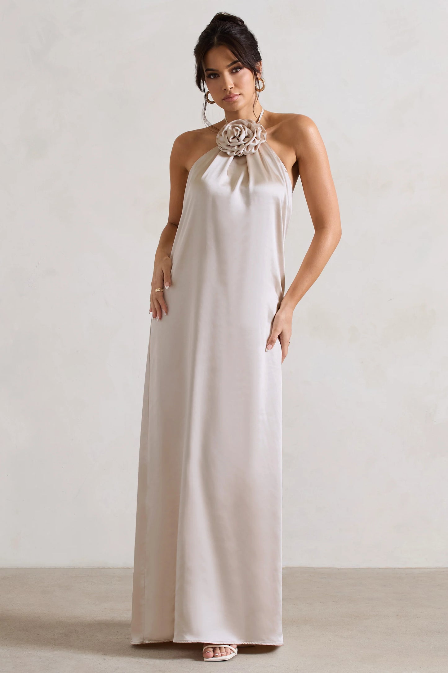 Everleigh | Cream Satin Relaxed Fit Maxi Column Dress With Corsage