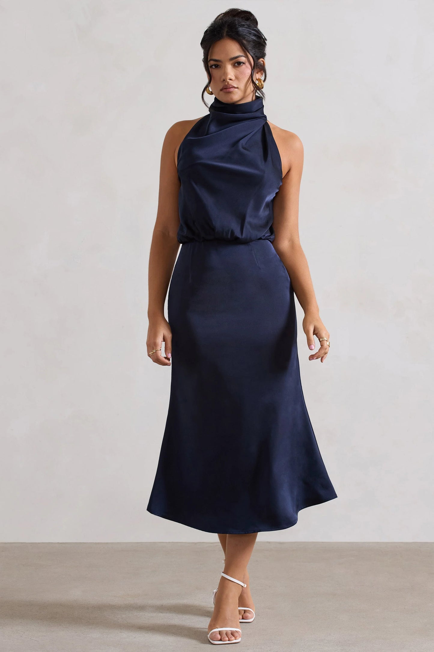 Geena | Navy Satin Twisted High-Neck Midi Dress