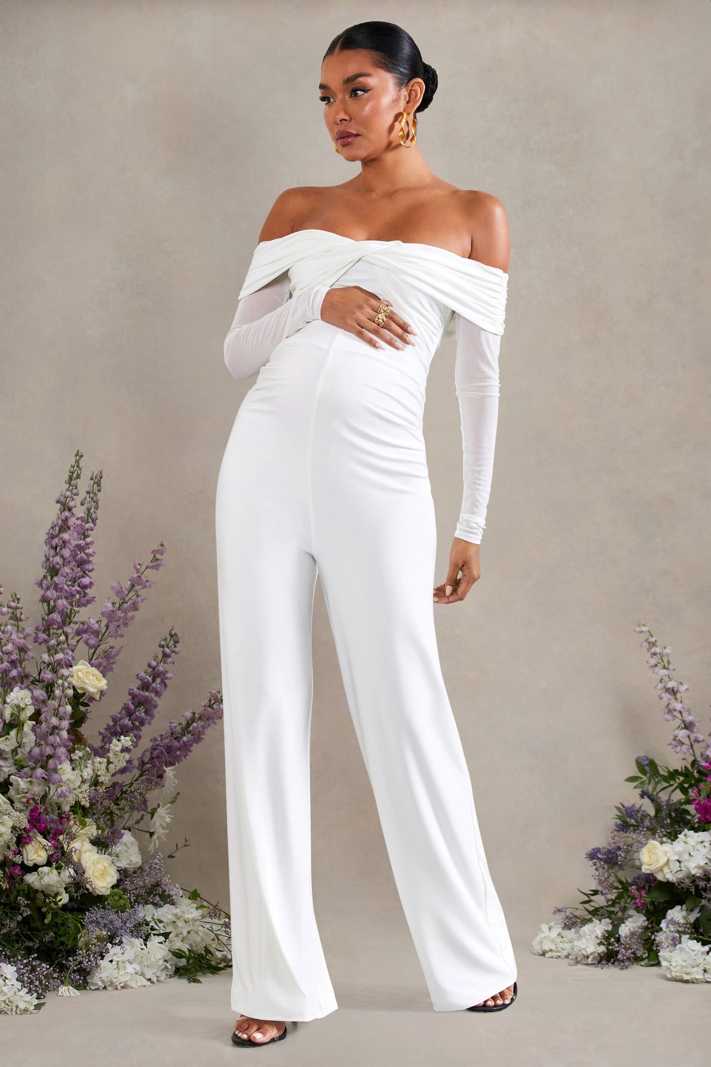 Kyla | White Ruched Bardot Long-Sleeved Wide-Leg Maternity Jumpsuit