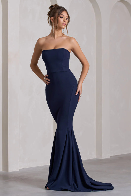 Impress Me | Navy Strapless Bandeau Fishtail Maxi Dress