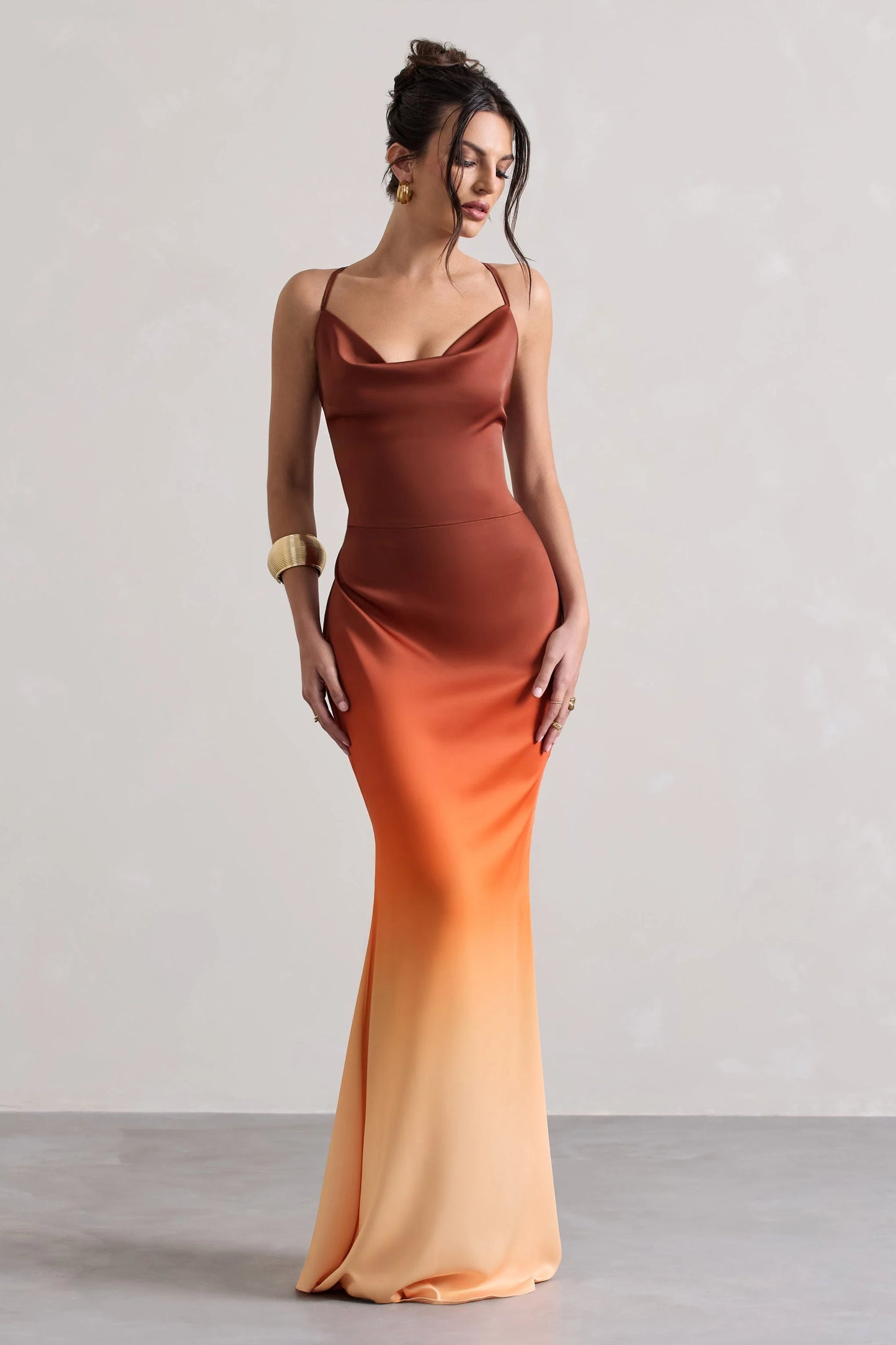 Fiji | Orange Ombre Satin Cowl-Neck Strappy Maxi Dress