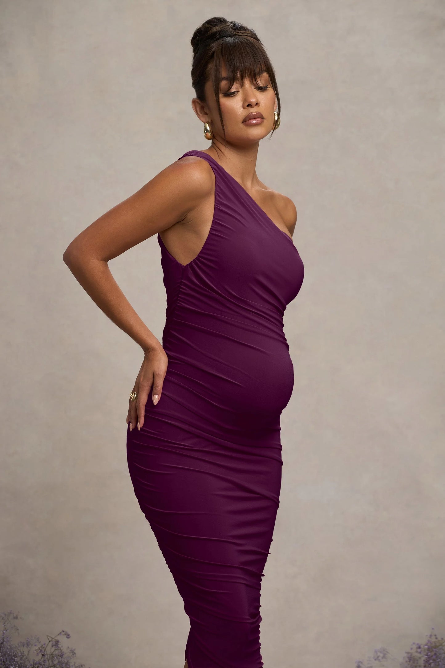 Late Night | Plum Maternity Ruched One Shoulder Midi Dress