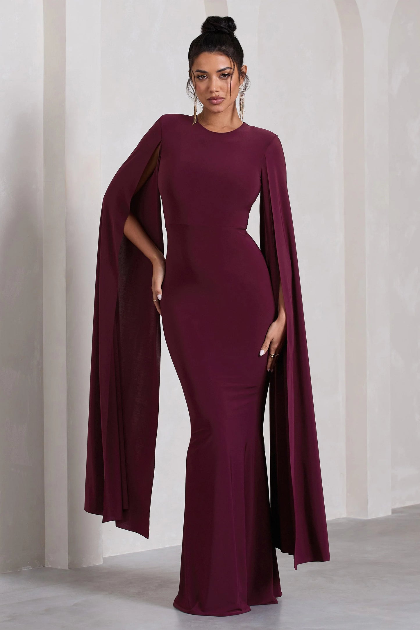 Kimmy | Burgundy High Neck Maxi Dress With Cape Sleeves