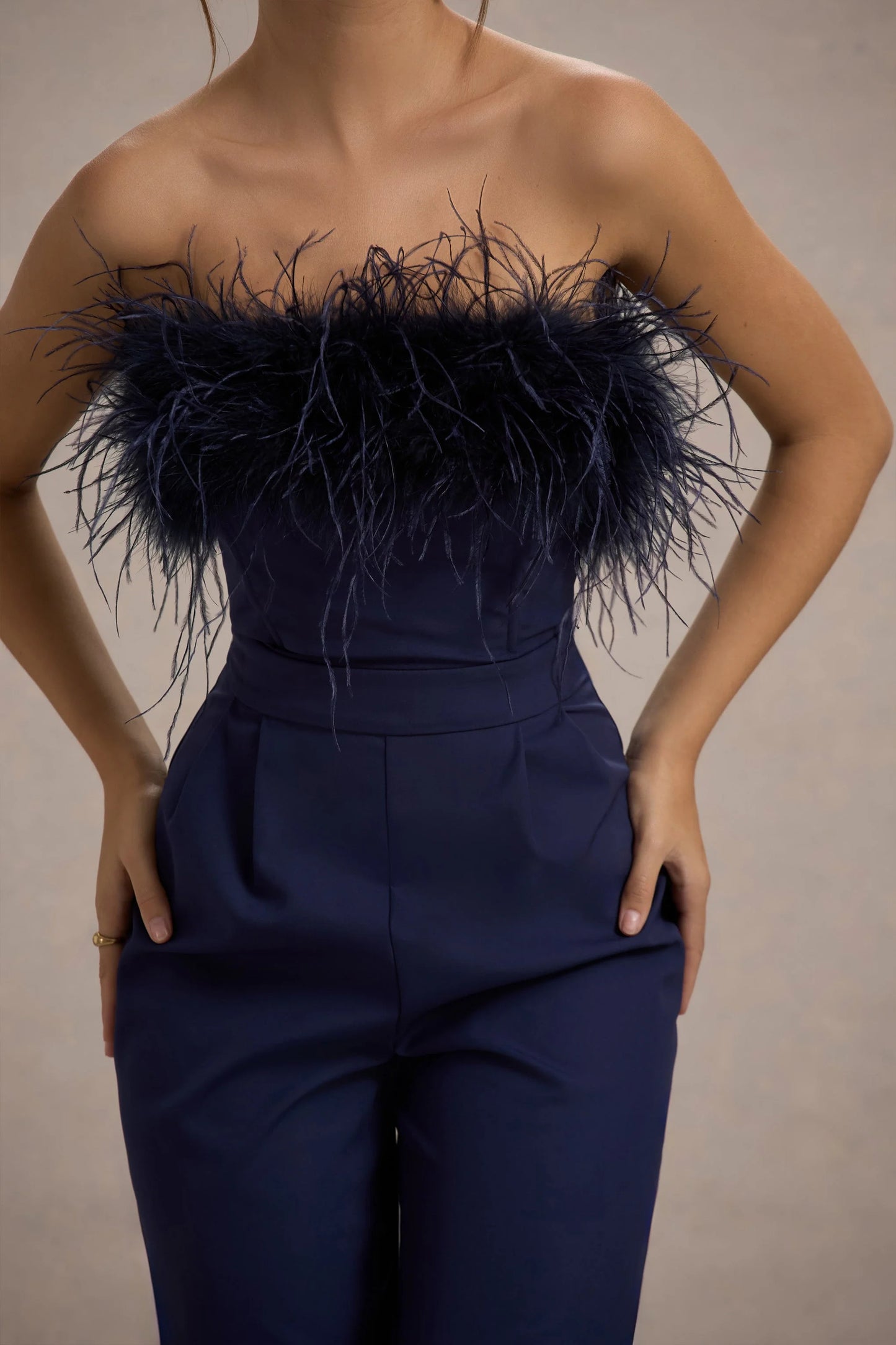 First Class | Navy Bandeau Feather Wide Leg Jumpsuit