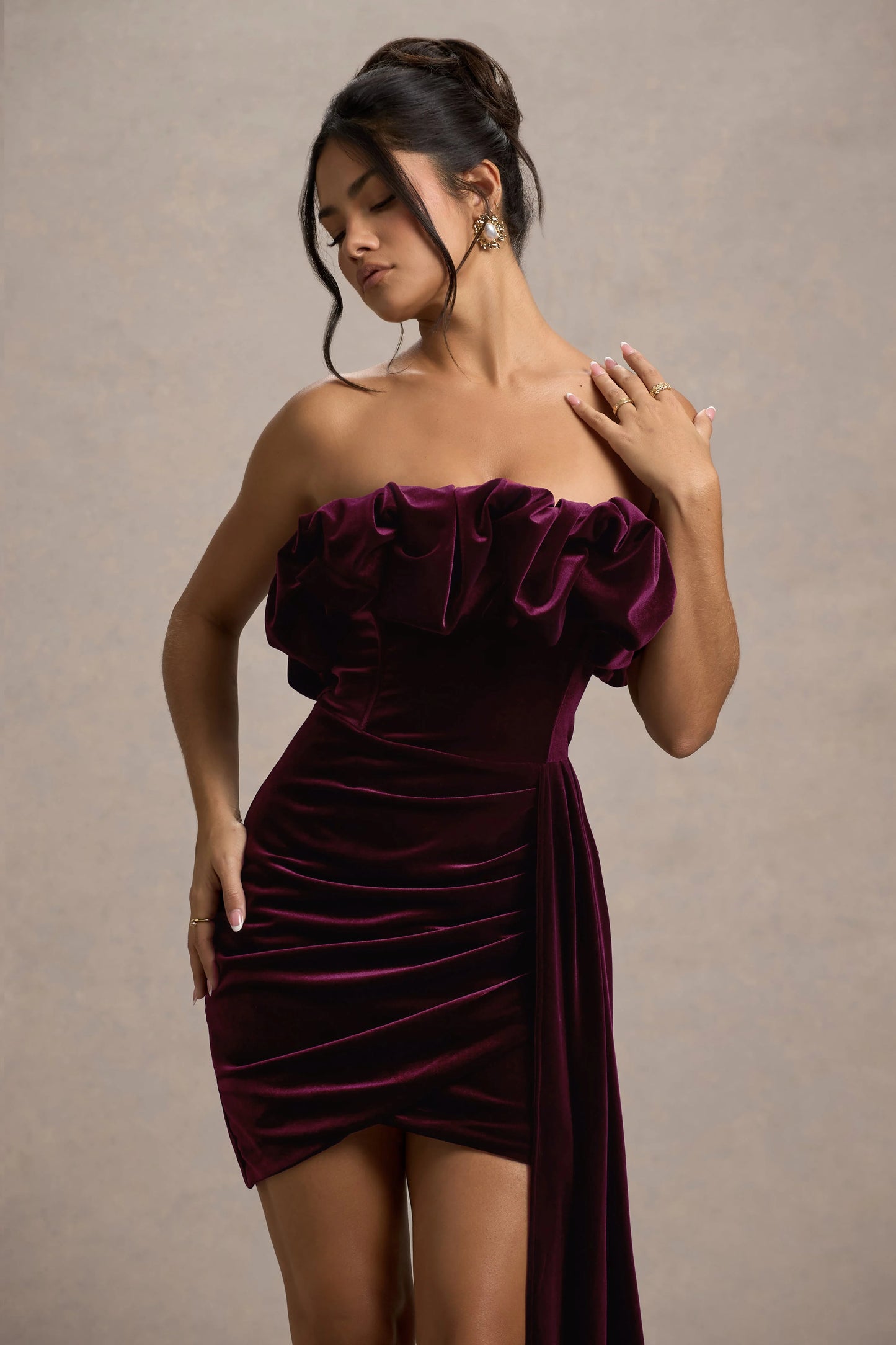 Ceronne | Plum Velvet Bandeau Mini Dress With Drape