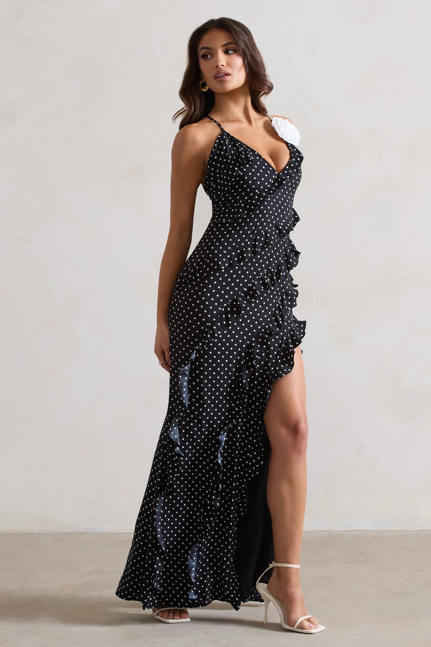 Annabelle | Black Polka Dot Ruffled Maxi Dress With Corsage