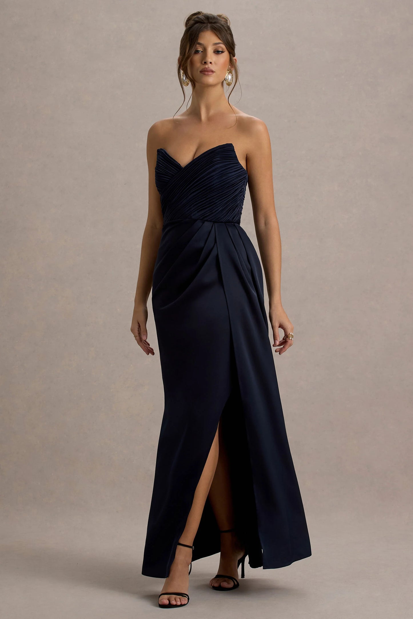 Edel | Navy Satin Strapless Maxi Dress With Drape