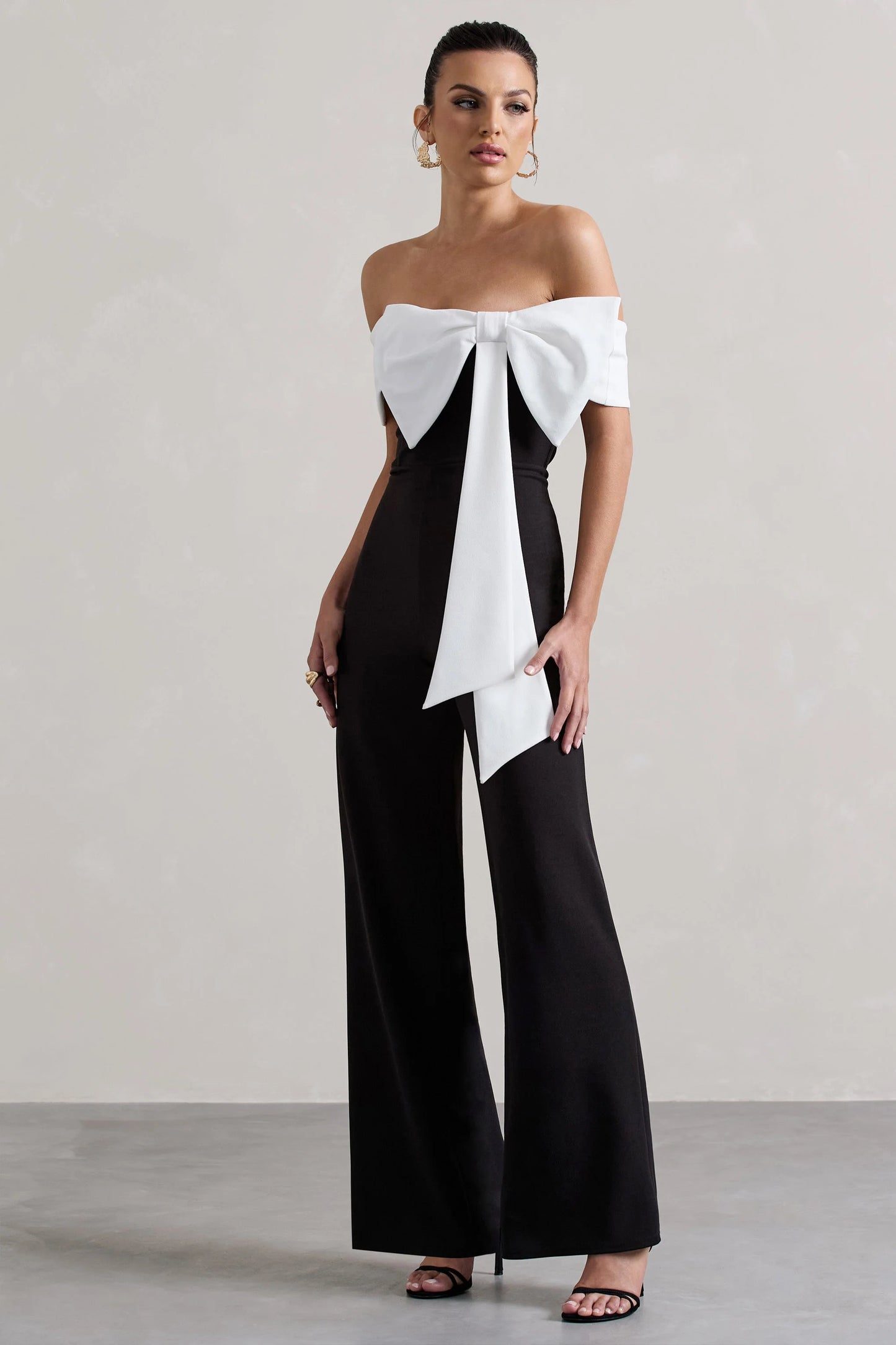 Bower | Black Bardot Straight-Leg Jumpsuit With Bow