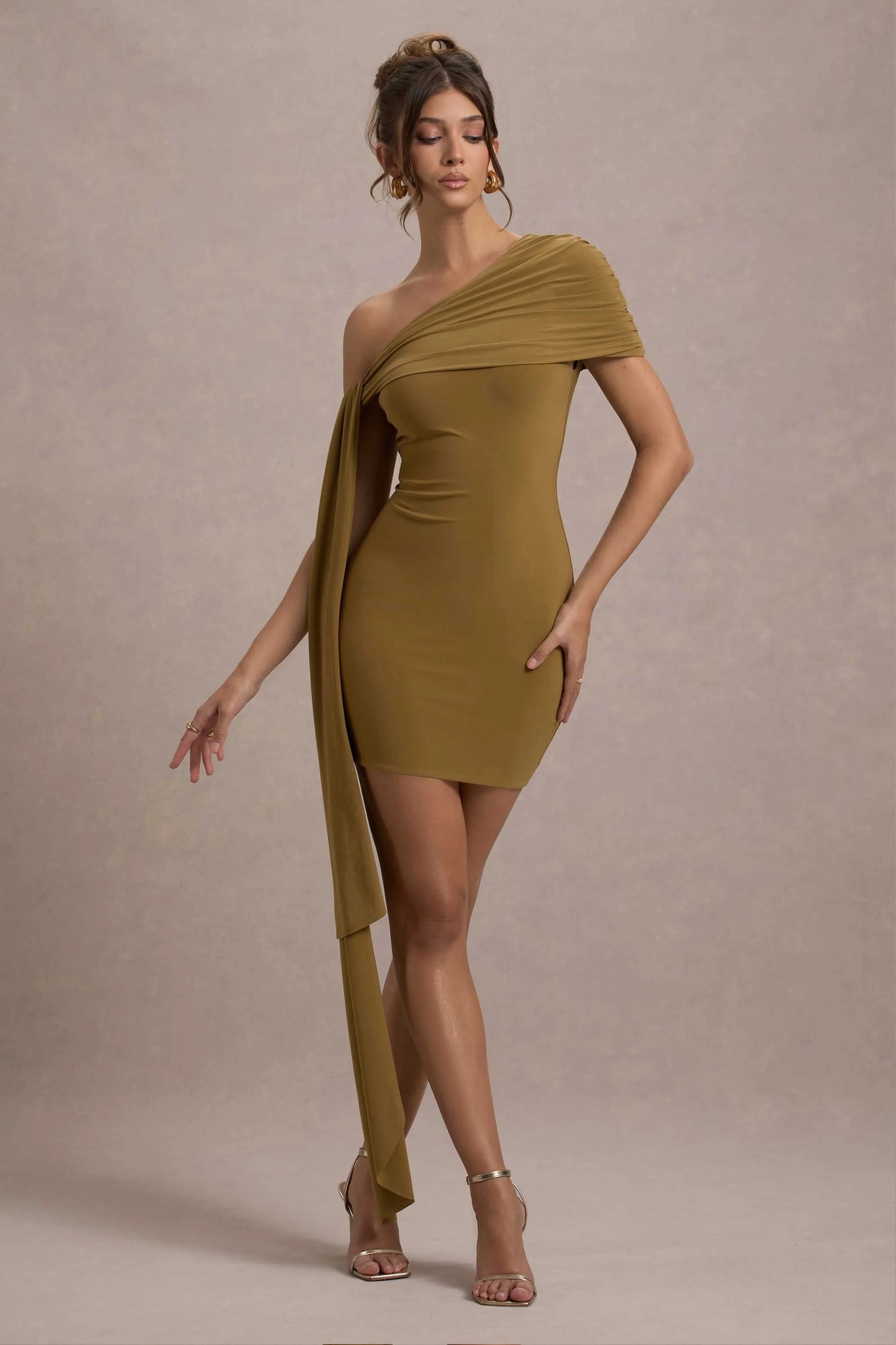 Alessio | Mustard One-Shoulder Mini Dress With Drape