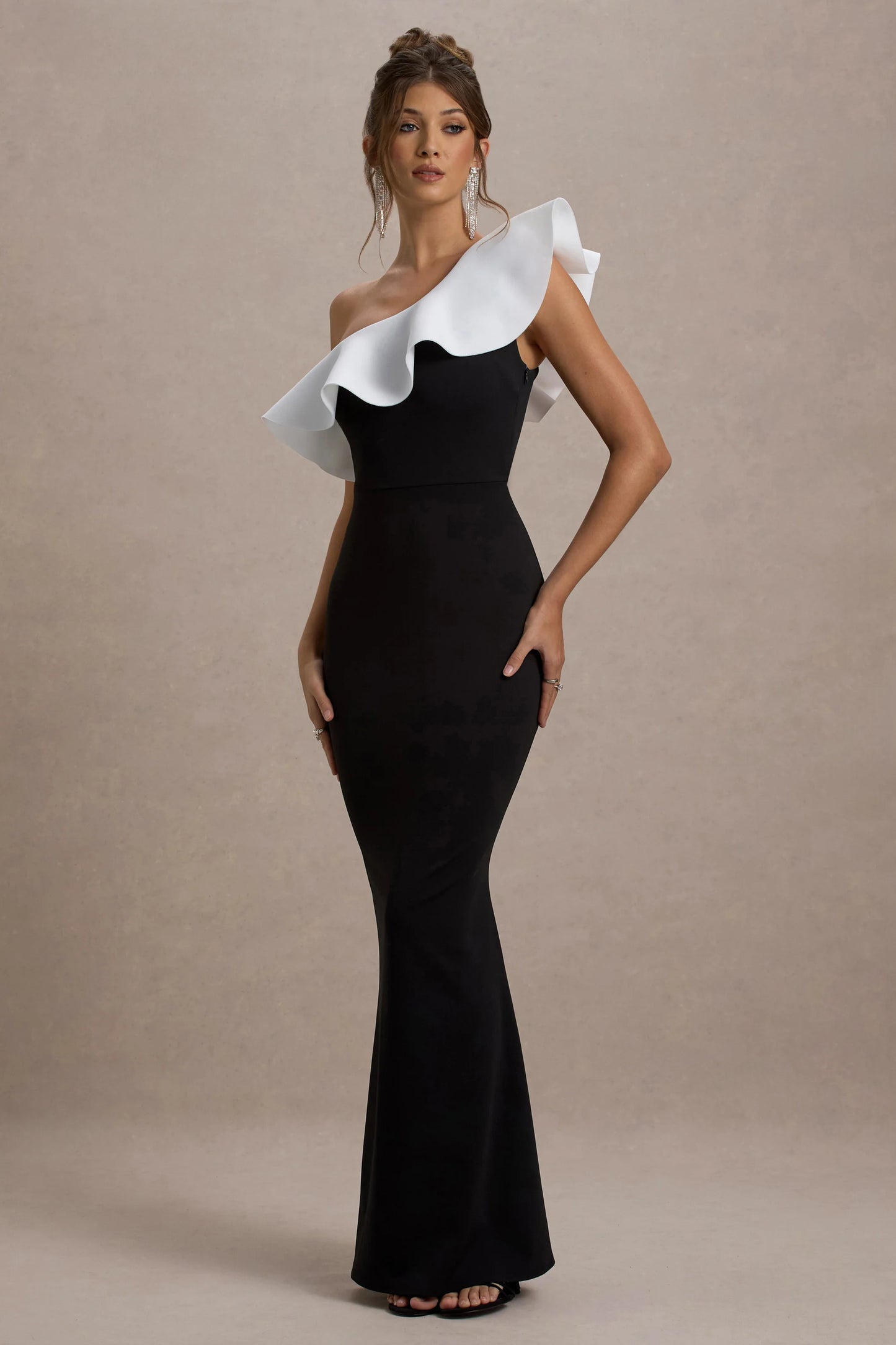 Berkley | Black & White Ruffled One-Shoulder Maxi Dress