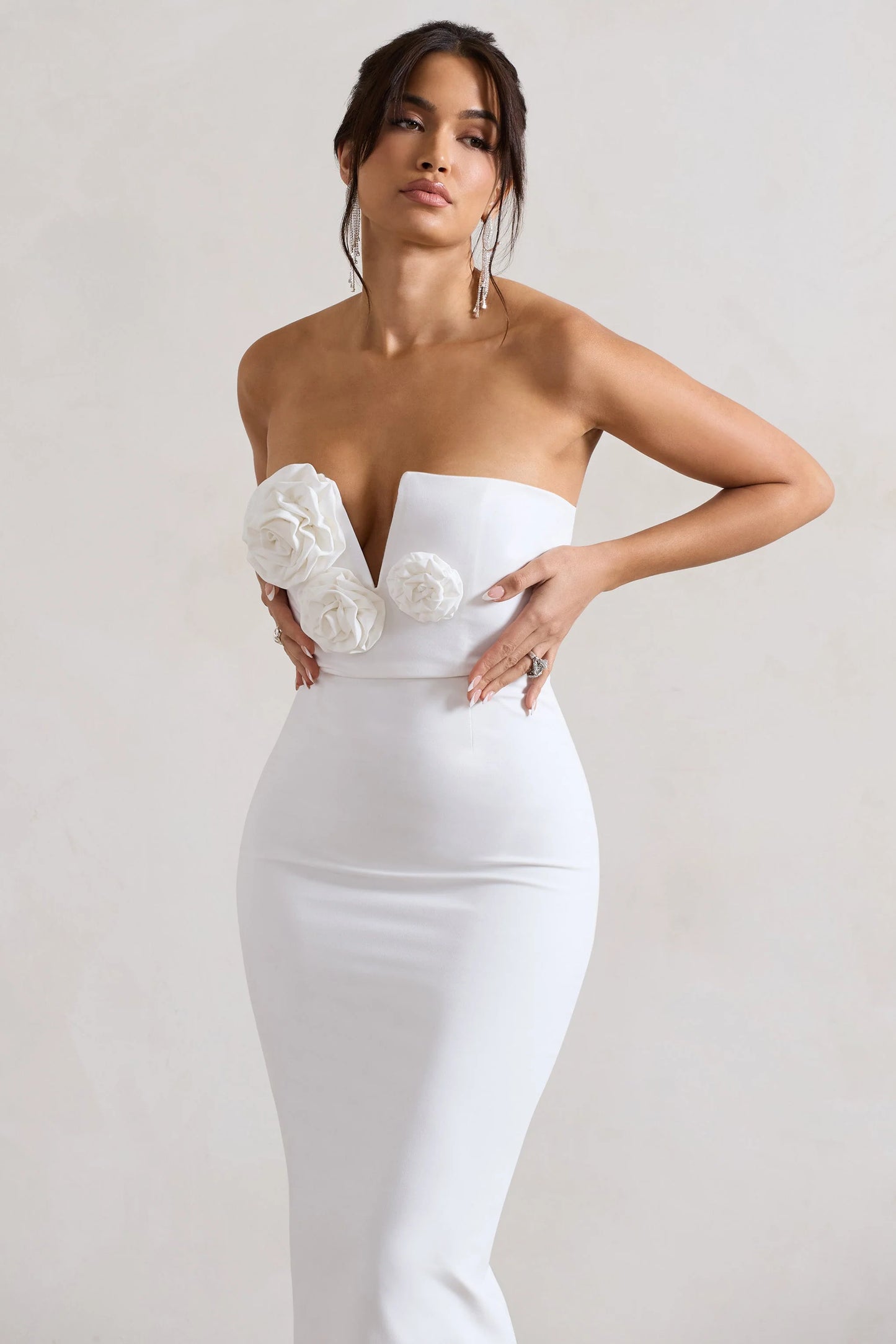 Fanciful | White Bodycon V-Neck Midi Dress With Flowers