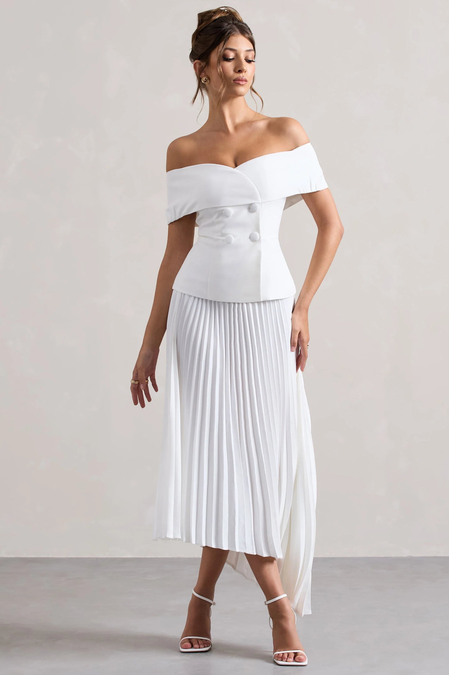 Hattie | White Bardot Tailored Midi Dress With Plisse Skirt