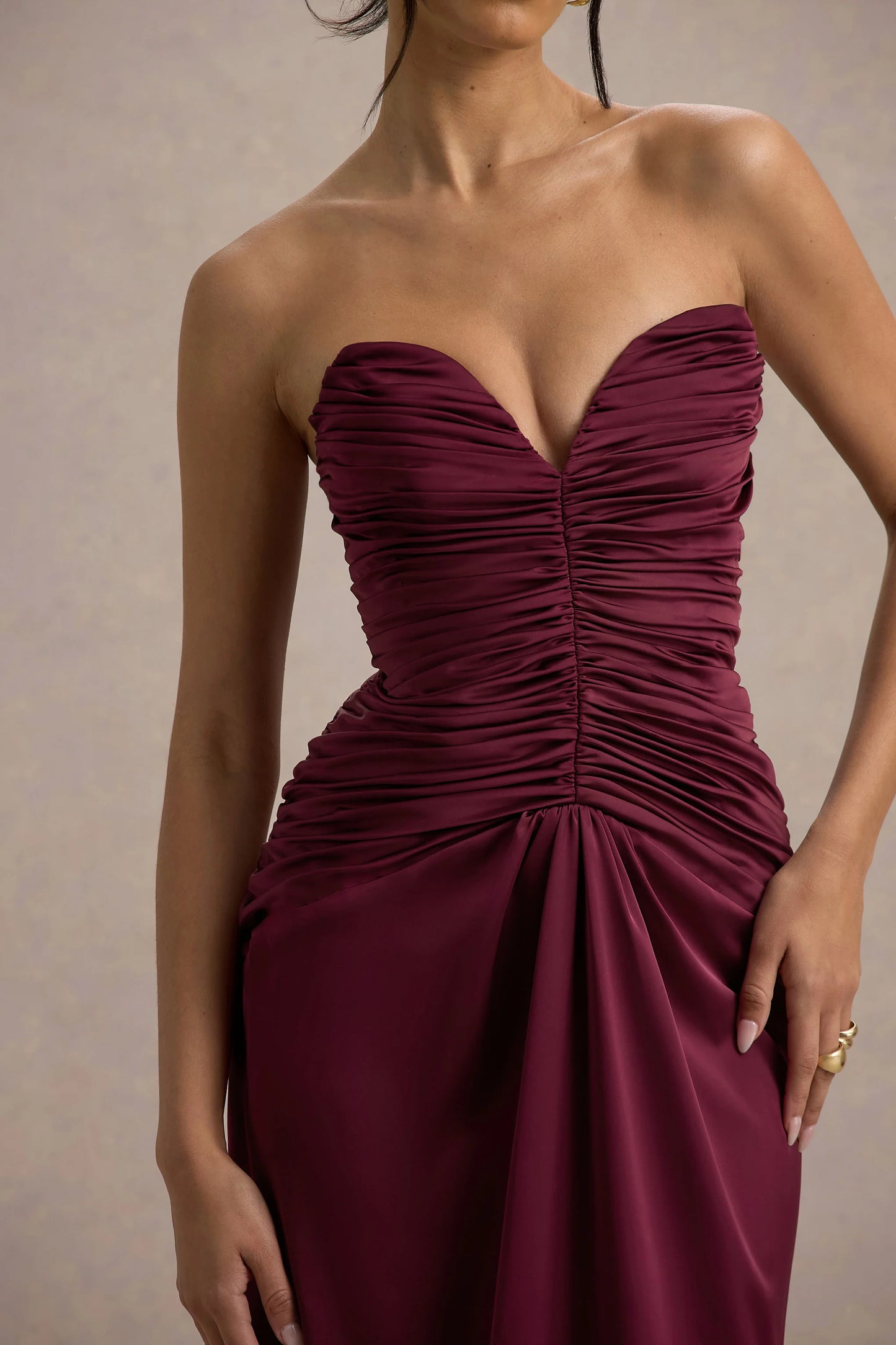 Desirie | Plum Satin Sweetheart Gathered Maxi Dress