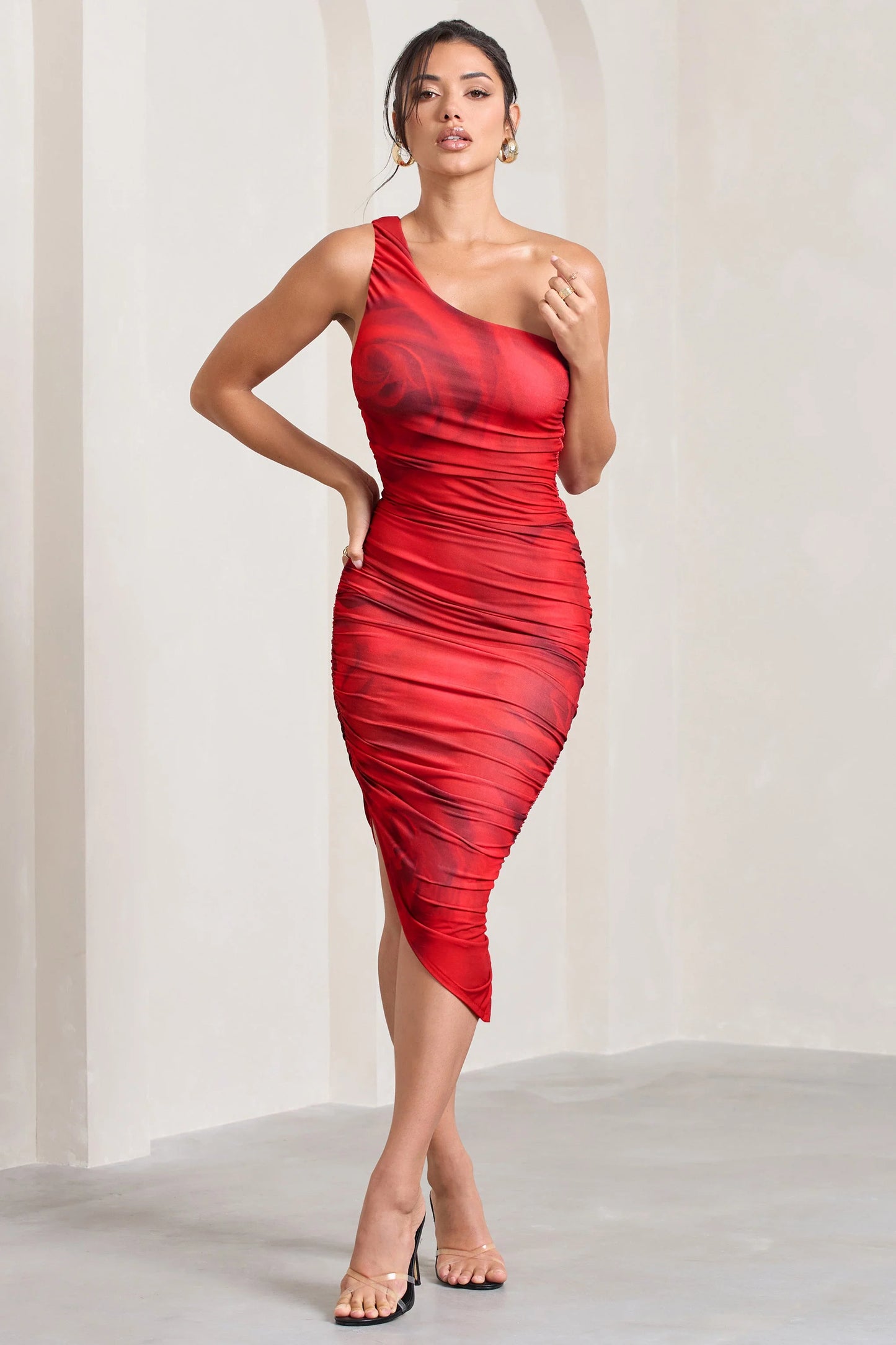 Late Night | Red Rose Print Asymmetric One Shoulder Ruched Midi Dress