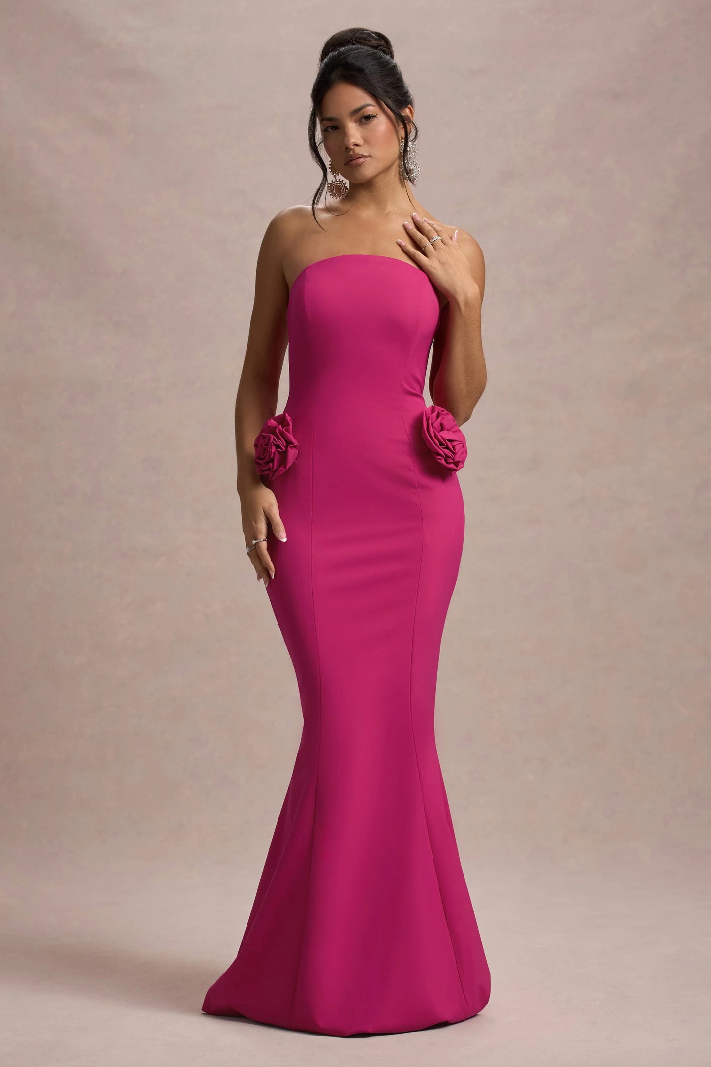 Best Of The Best | Dark Pink Strapless Fishtail Maxi Dress With Corsages