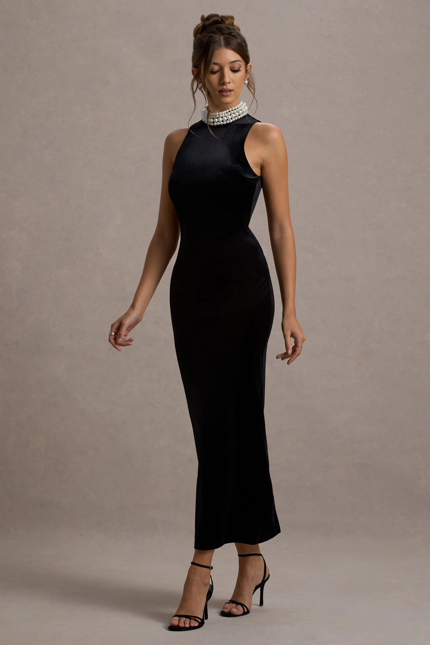 Audrine | Black Velvet Embellished High-Neck Maxi Dress