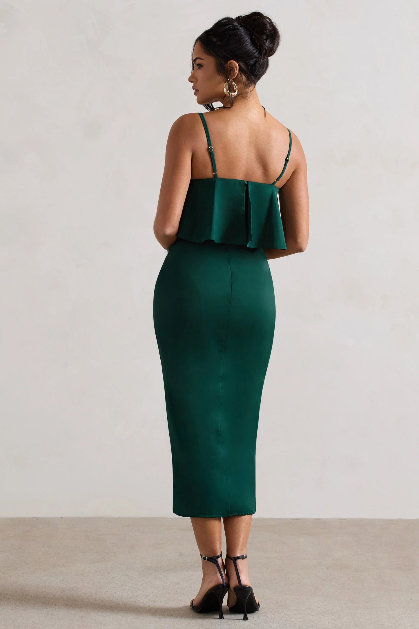 Faro | Bottle Green Strappy Draped-Neck Wrap Midi Dress