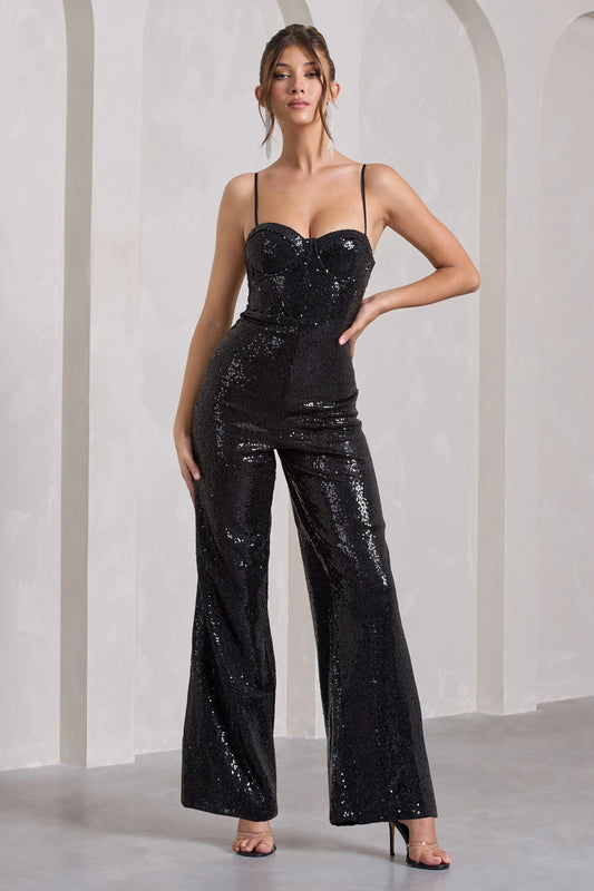 Dandelion | Black Strappy Corset Sequin Jumpsuit