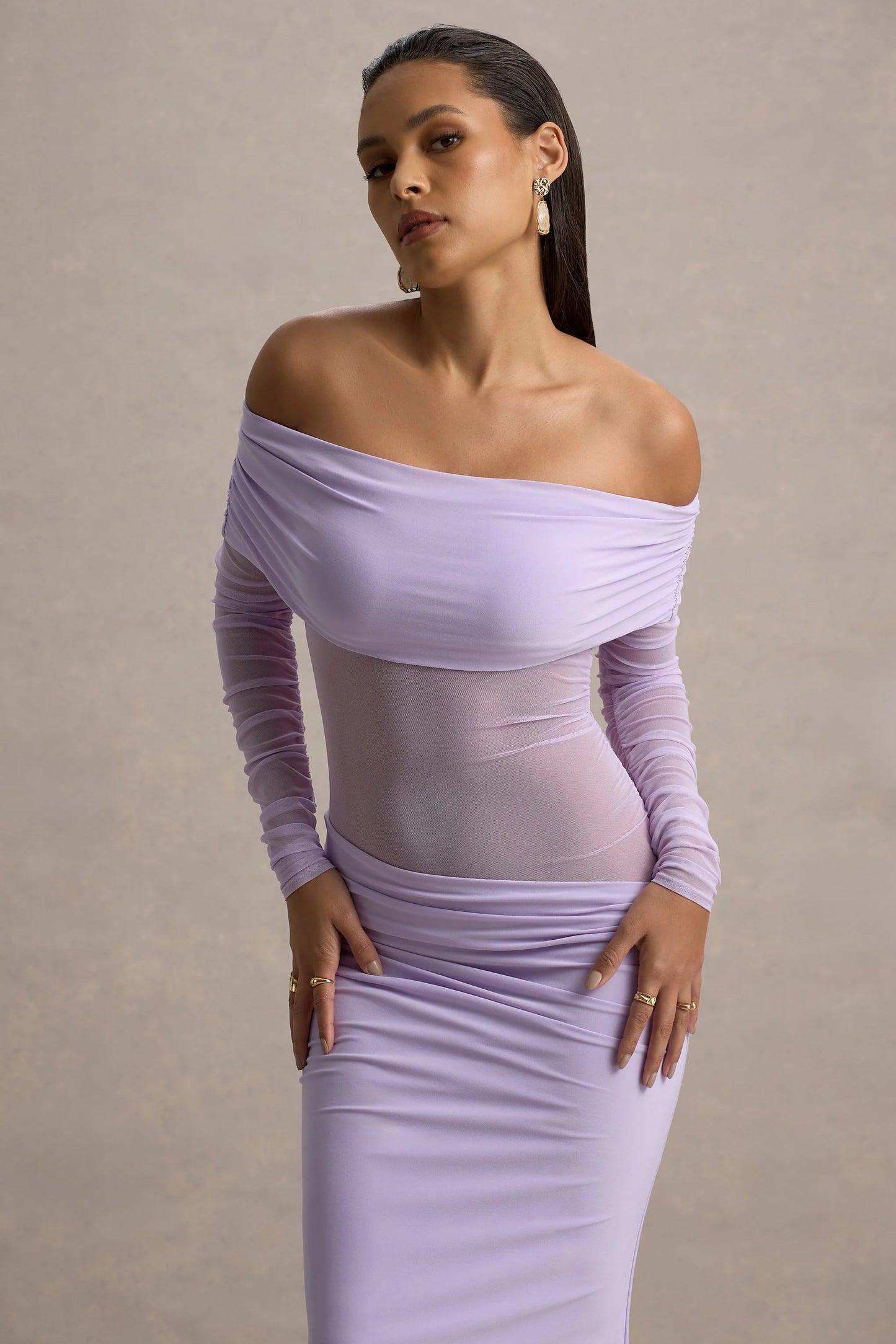 Belamour | Lavender Semi-Sheer Bardot Gathered Maxi Dress