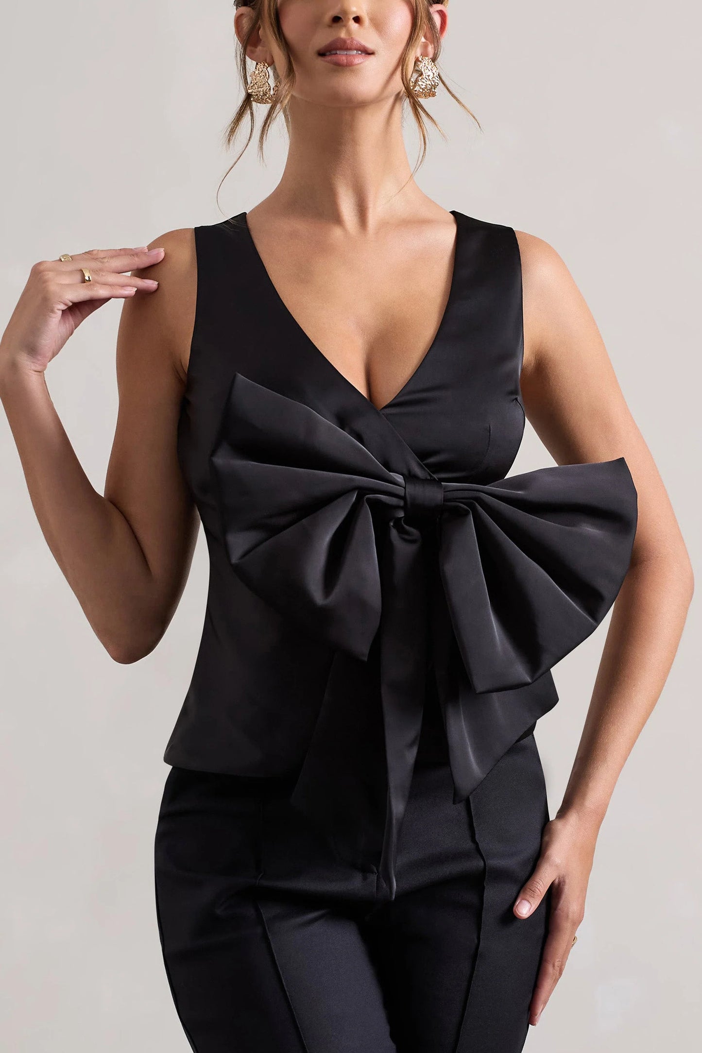 Adoration | Black Satin Plunge-Neck Top With Bow