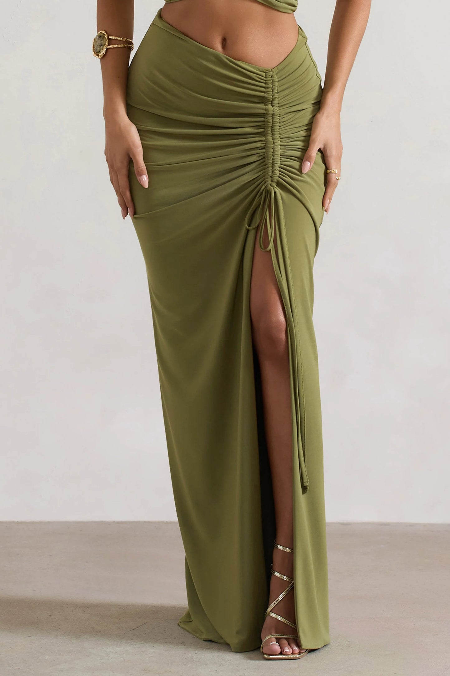 Cabo | Olive Ruched Split Maxi Skirt