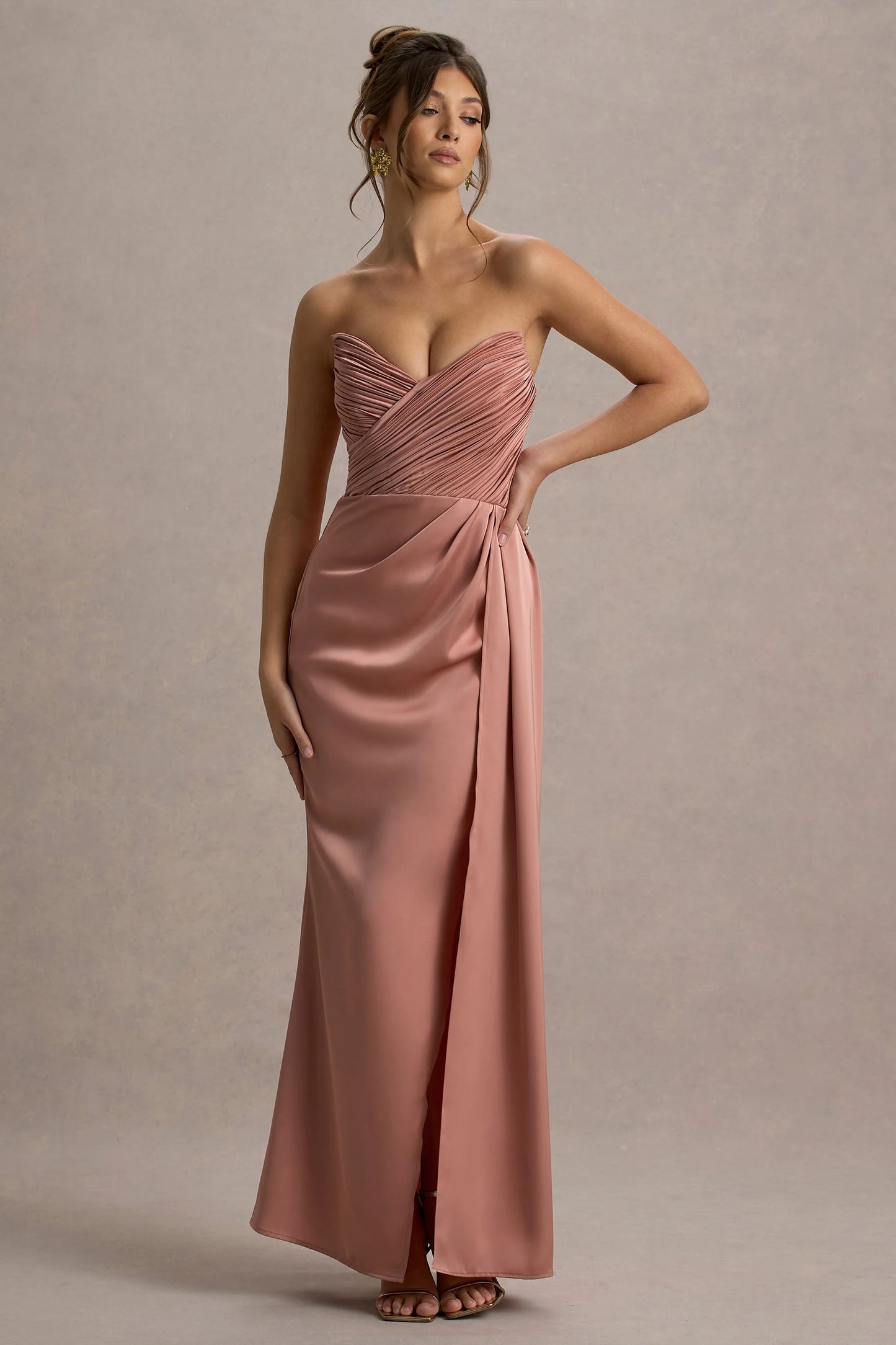 Edel | Pink Satin Strapless Maxi Dress With Drape