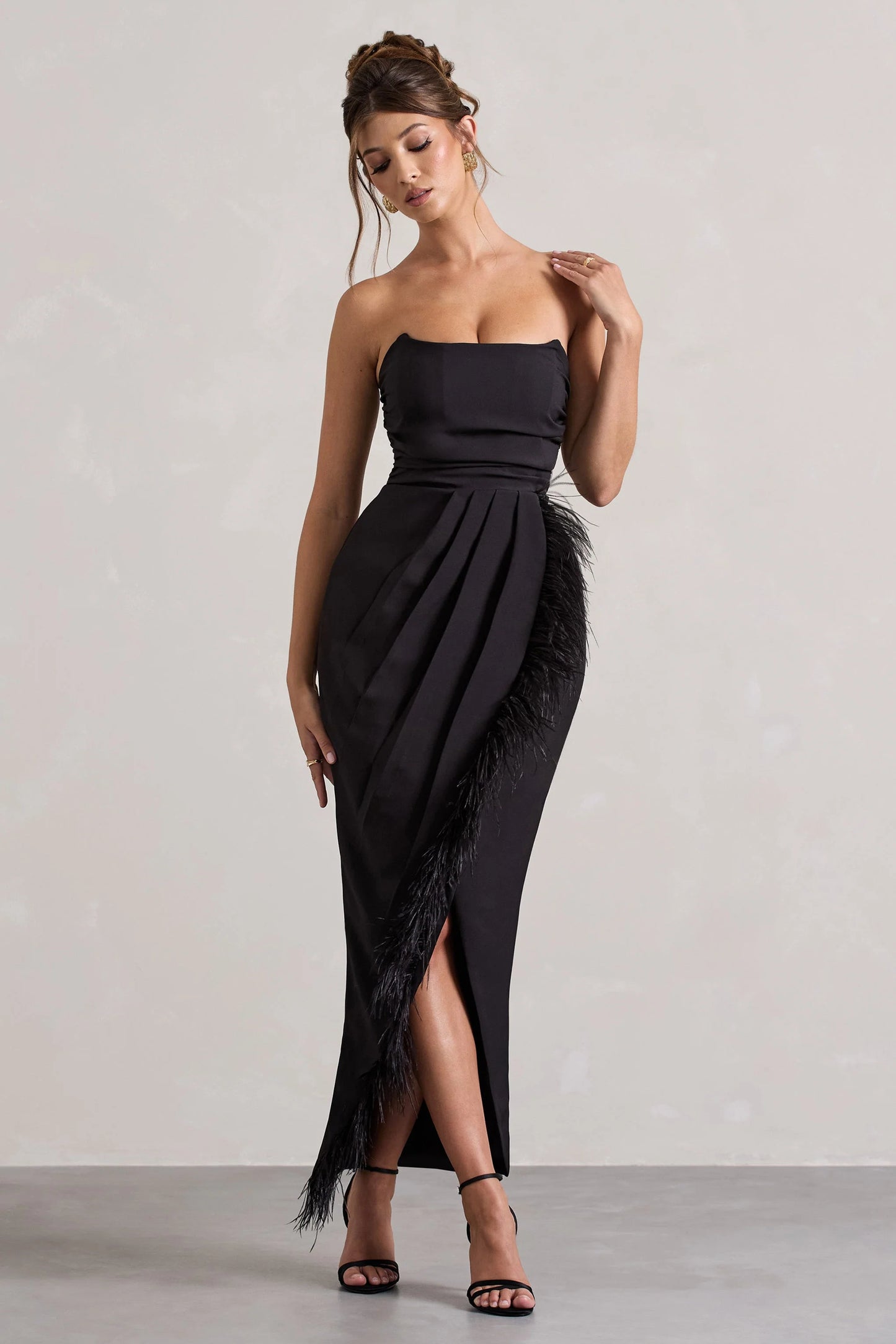 Chosen | Black Bandeau Wrap Maxi Dress With Feather Trim