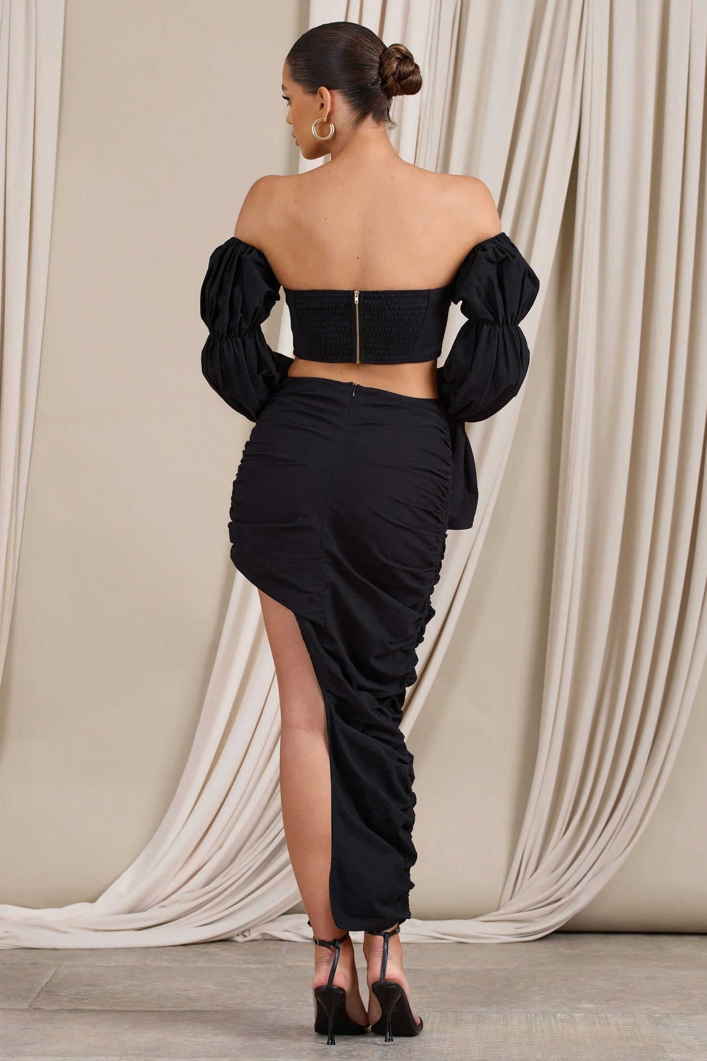 Holiday | Black Ruched Asymmetric Maxi Skirt