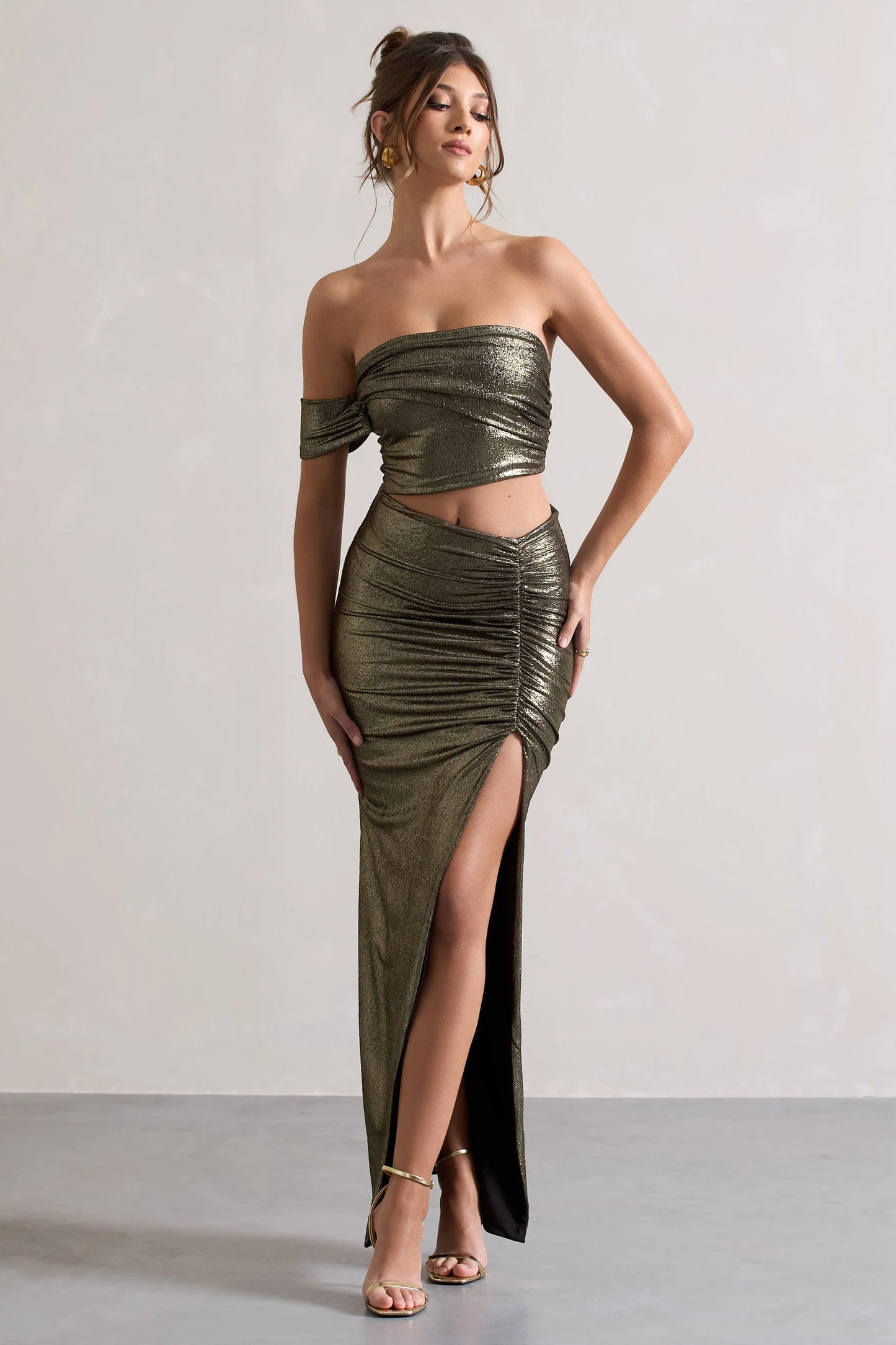 Gilded | Gold Metallic One-Sleeved Cut-Out Split Maxi Dress