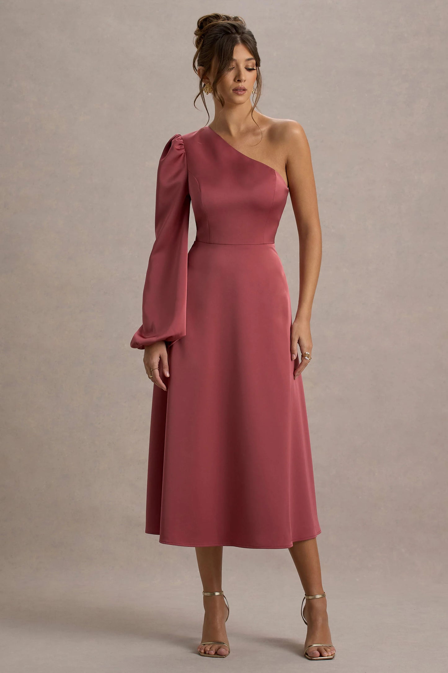 Haila | Rose Pink Satin One-Shoulder Maxi Dress